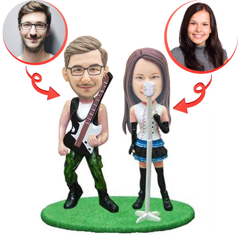 Custom Double Playing Guitar and Singing Bobbleheads - Personalized Couples Musician Bobblehead Figurines - Perfect Gift for Musicians, Anniversaries & Music Lovers
