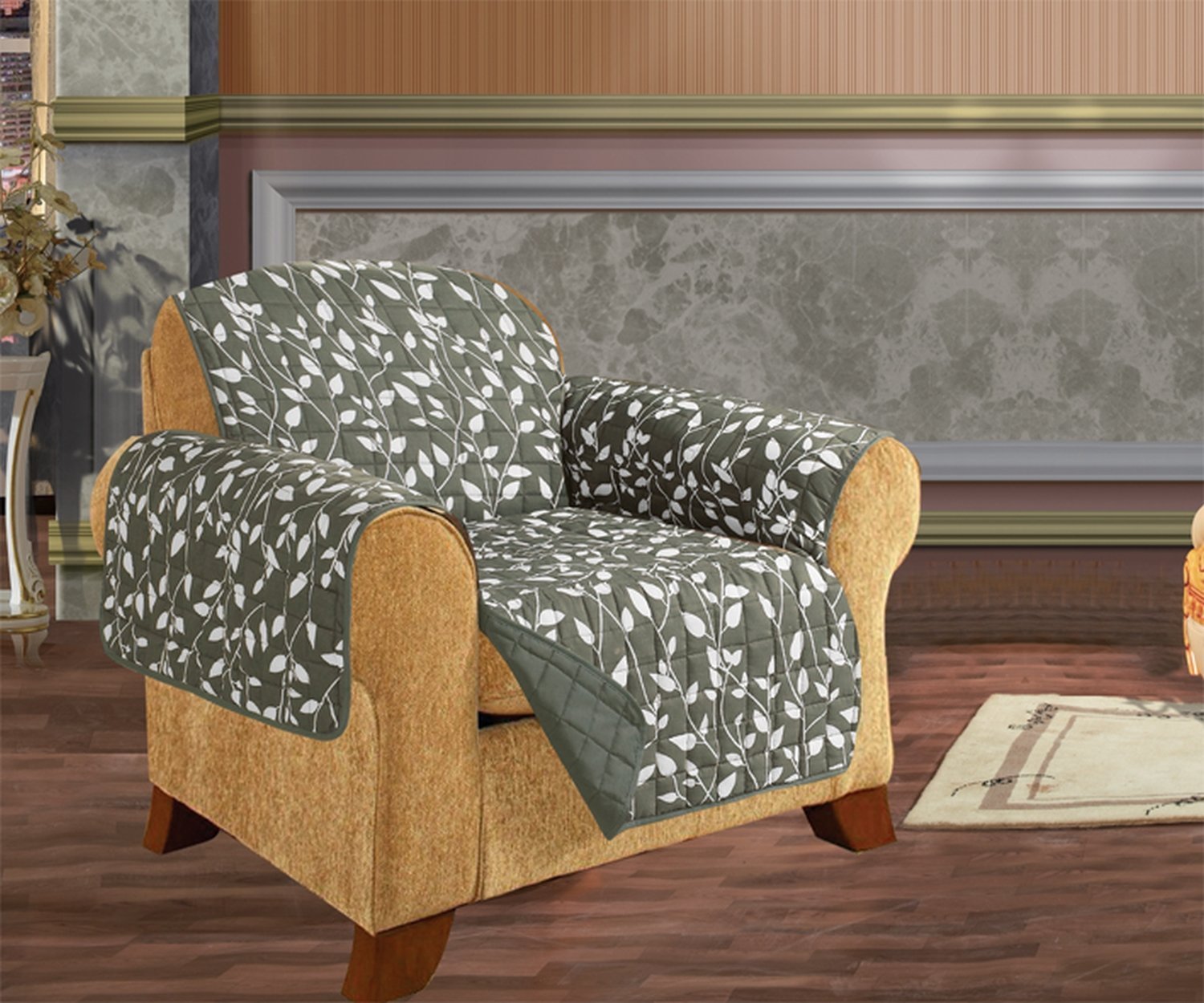 Quilted Furniture Protector for Pets & Kids - Non-Slip 2-Tie Design, Ultra Soft Microfiber (Egyptian Cotton Feel), Green Leaf Pattern - Perfect for Sofas, Chairs & Couches to Protect from Pet Hair, Spills & Stains