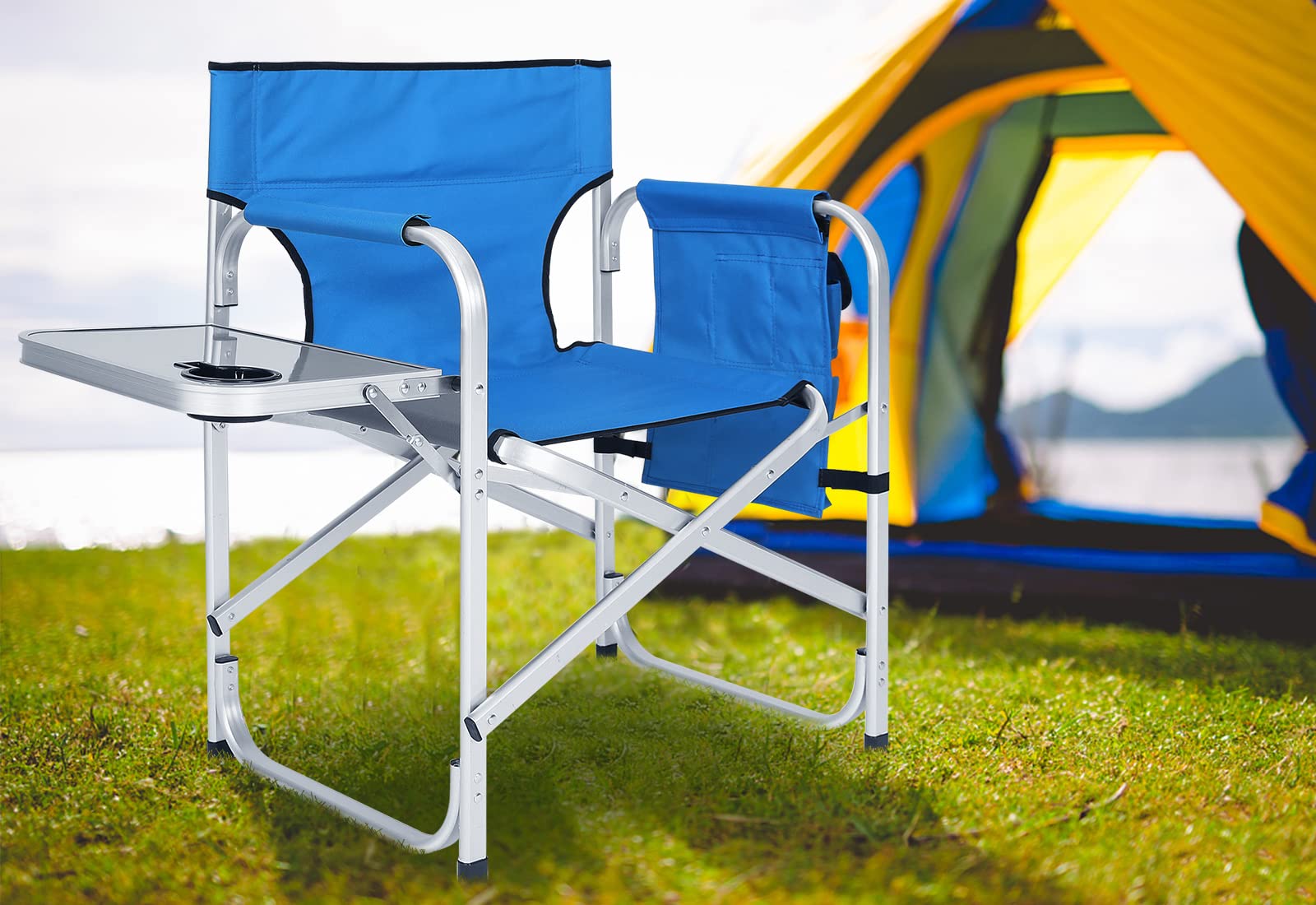 ABCCANOPY Folding Directors Chair - Portable Outdoor Camping Chair with Side Table & Storage Pockets - Royal Blue - Perfect for Beach, Picnic, Backyard, and Makeup Artist Use