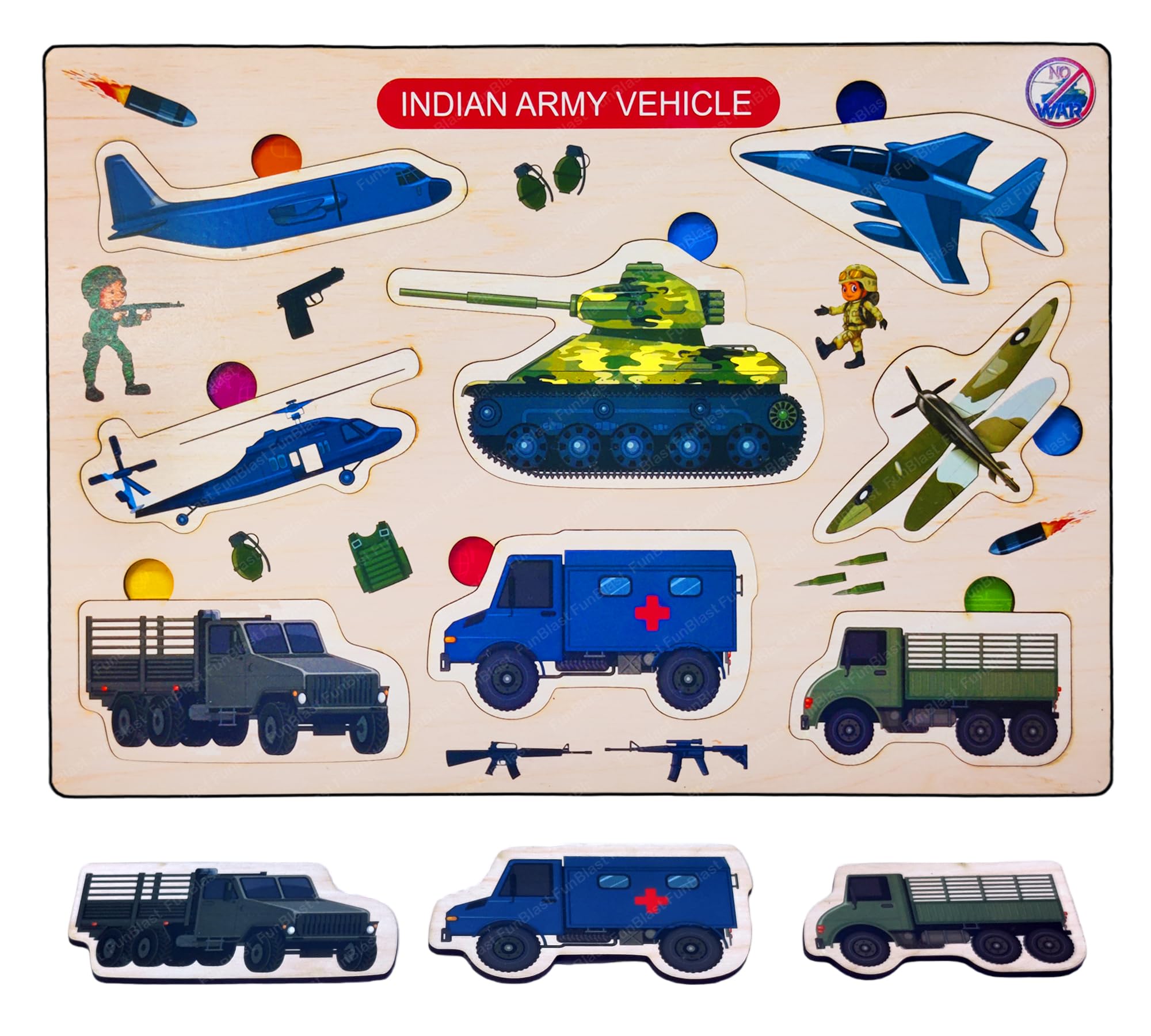 FunBlast Wooden Army Vehicle Puzzle Board - Colorful Educational Learning Toy for Kids, Boys & Girls | STEM Toy for Early Childhood Development & Creative Play