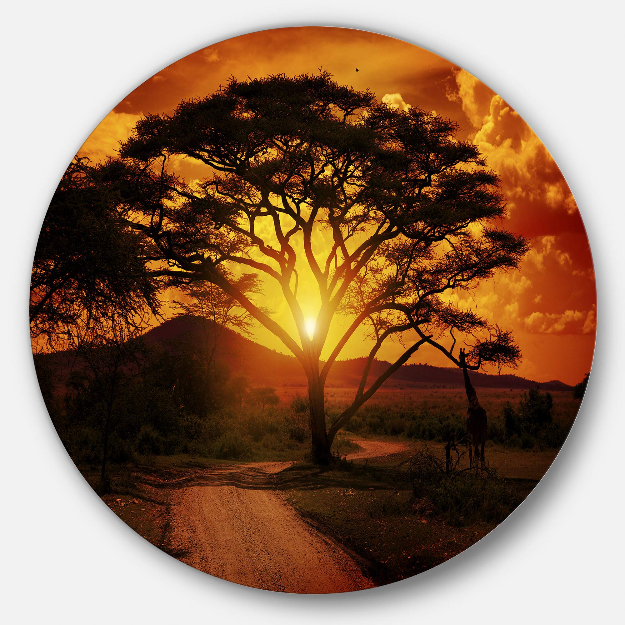 DesignArt Round Metal Wall Art - African Sunset with Lonely Tree Landscape Decor | Handcrafted Metal Wall Decor for Living Room, Bedroom, or Office