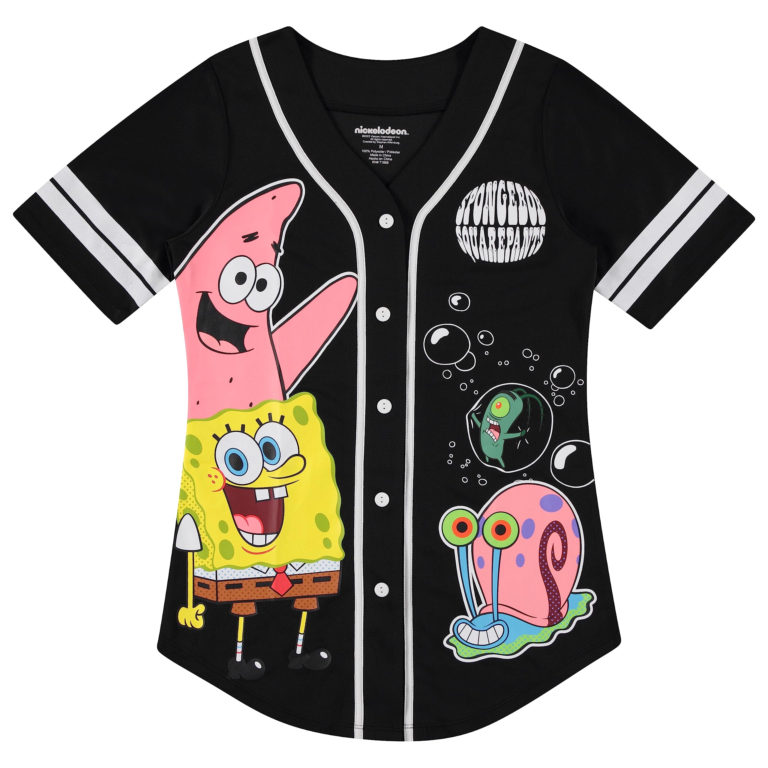 SpongeBob SquarePants Women's Baseball Jersey - Cartoon Character Mesh Button Down Shirt (Spongebob, Mr Krabs, Squidward, Patrick) - Casual Wear, Cosplay, Halloween Costume, Themed Parties