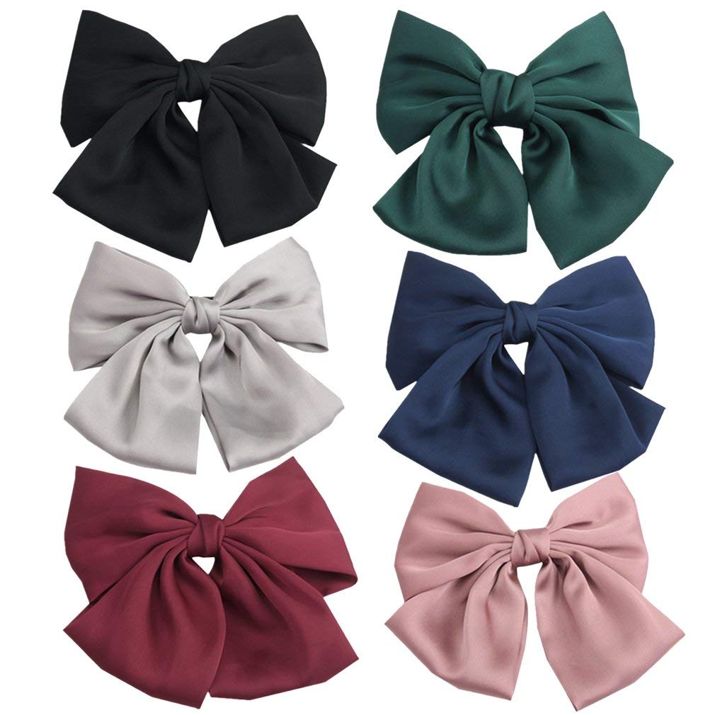 ASG Set of 2 Multicolor Big Hair Bows - 8 Inch Satin Silk Hair Clips for Women - Cute French Barrettes & Hair Accessories for Parties, Weddings, Daily Styling