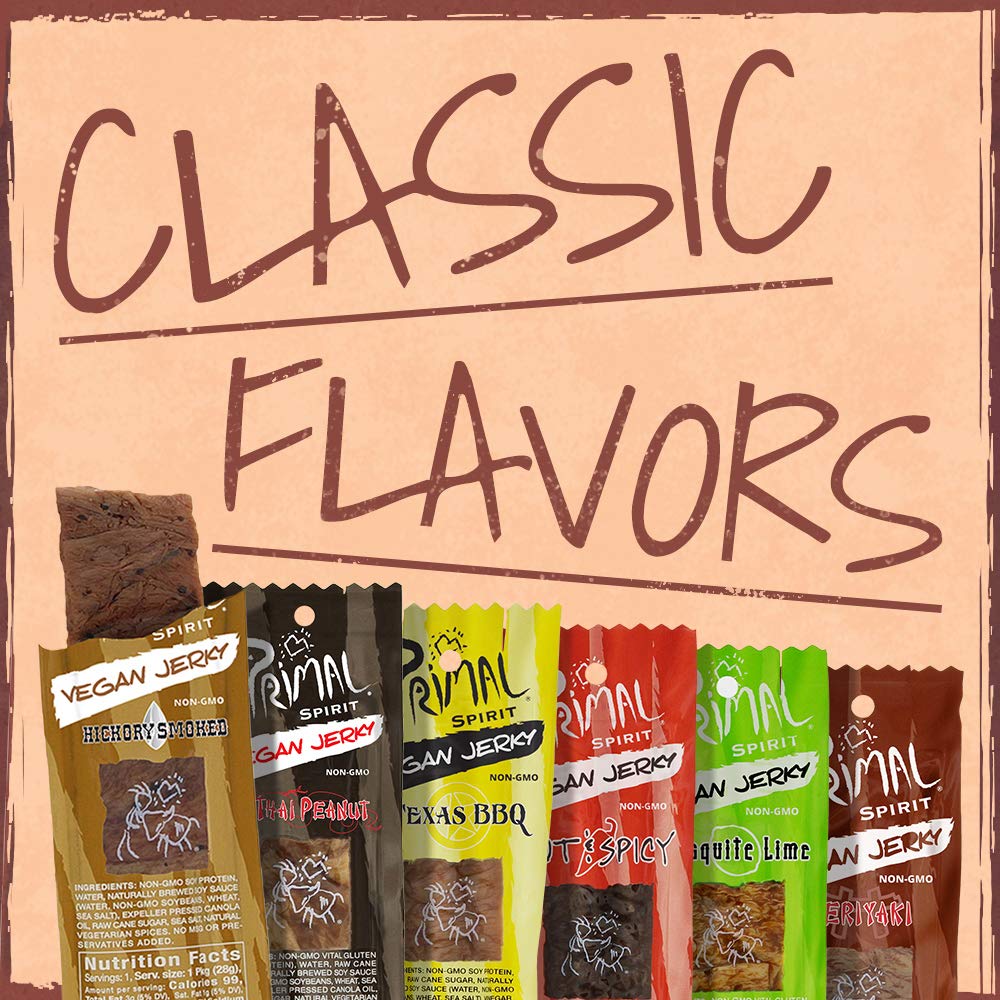 Primal Spirit Vegan Jerky - Hickory Smoked Classic Flavor | 24 Pack (1 oz Each) | Plant-Based Protein Snack | Non-GMO, No Preservatives | Perfect for Hiking, Camping & Sports Nutrition