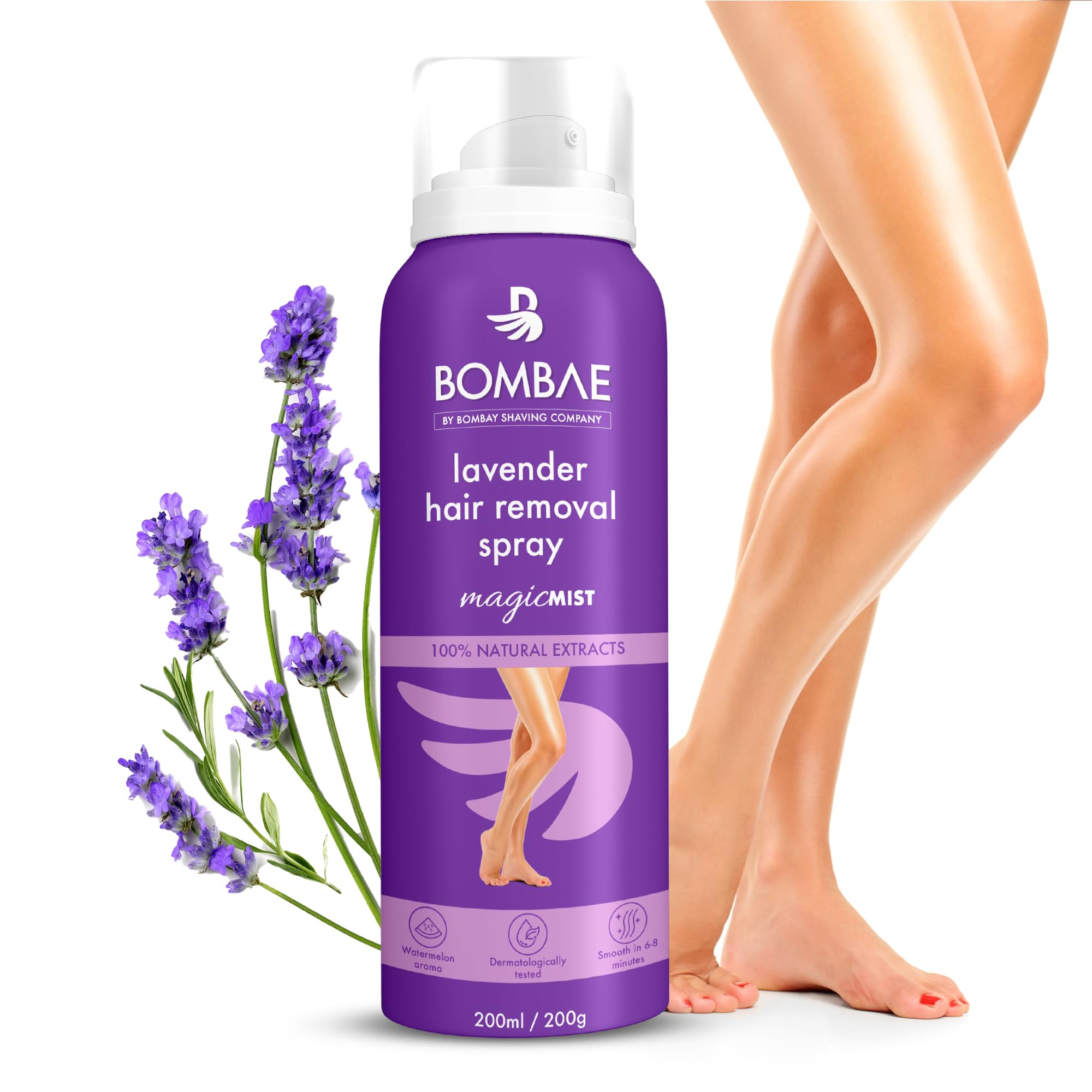 Bombae Lavender Hair Removal Spray Cream for Women - Painless Hair Removal for Arms, Underarms, Legs & Bikini Line | Sensitive Skin Safe & Dermatologist Tested | Quick & Easy At-Home Hair Removal Solution | Perfect for Smooth Skin Before Beach, Date Night or Special Occasions