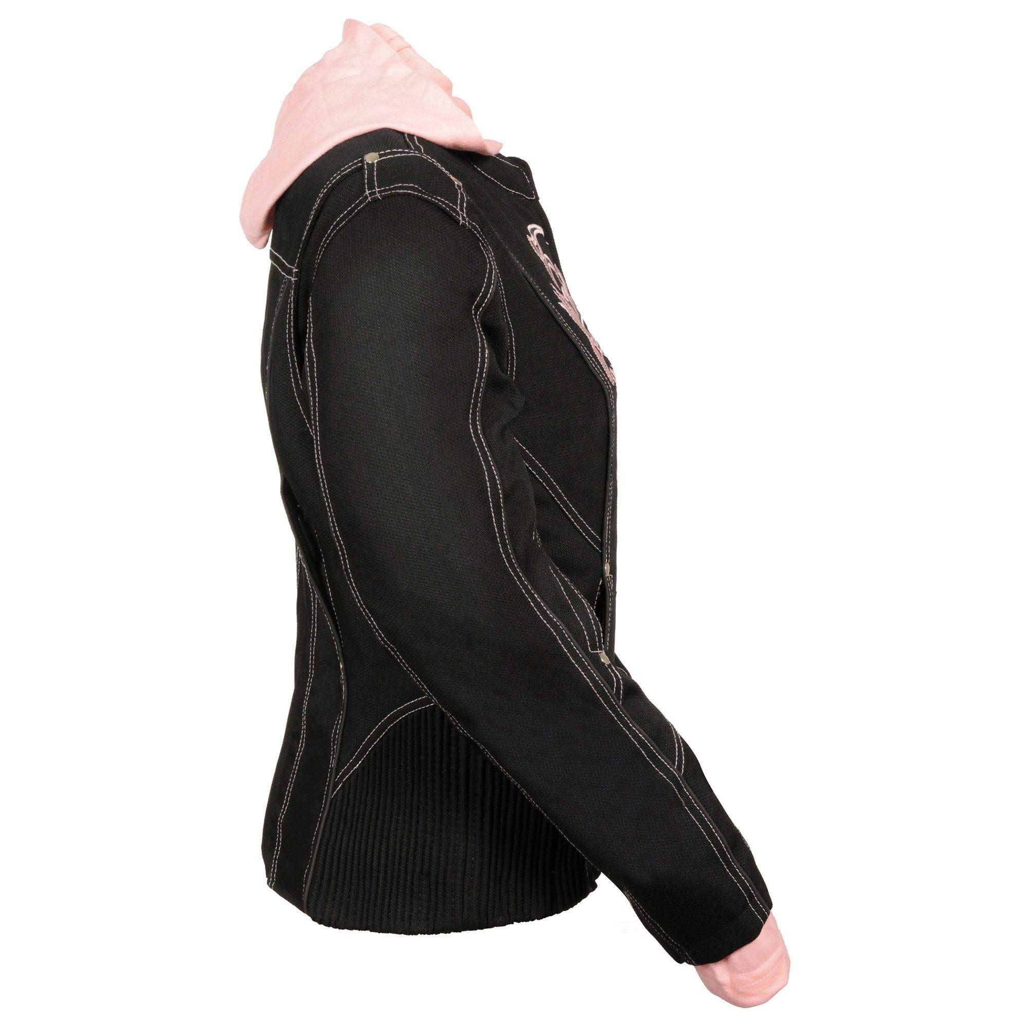 Milwaukee Leather NexGen SH1966 Women's Black & Pink 3/4 Length Motorcycle Jacket with Reflective Tribal Design & Detachable Hood - Perfect for Riding, Commuting & Outdoor Adventures