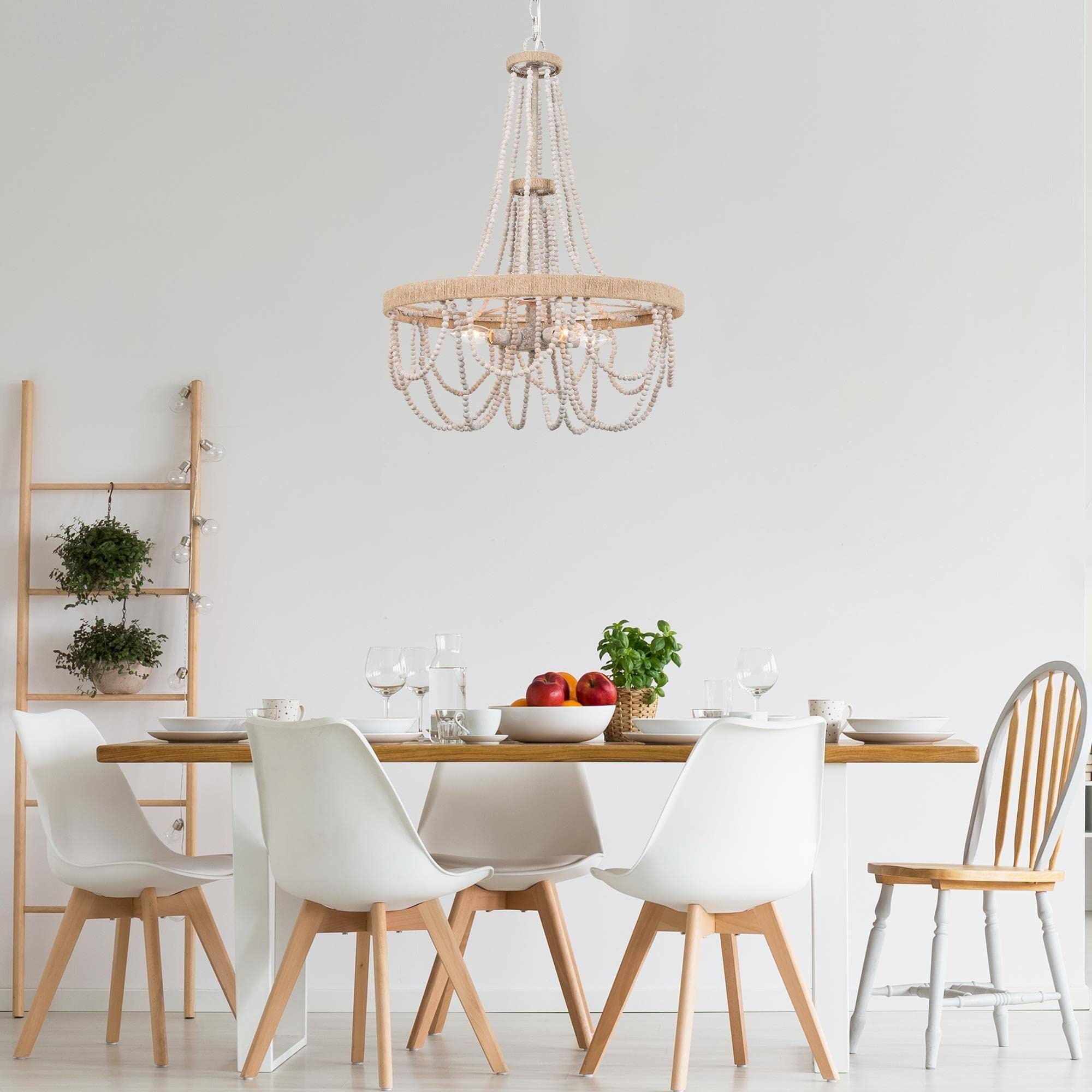 Rustic Farmhouse Wood Beaded Chandelier - 4-Light Boho Ceiling Pendant Light with Natural Hemp Ropes for Dining Room, Living Room & Bedroom Decor | Perfect for Boho, Farmhouse & Coastal Style Homes