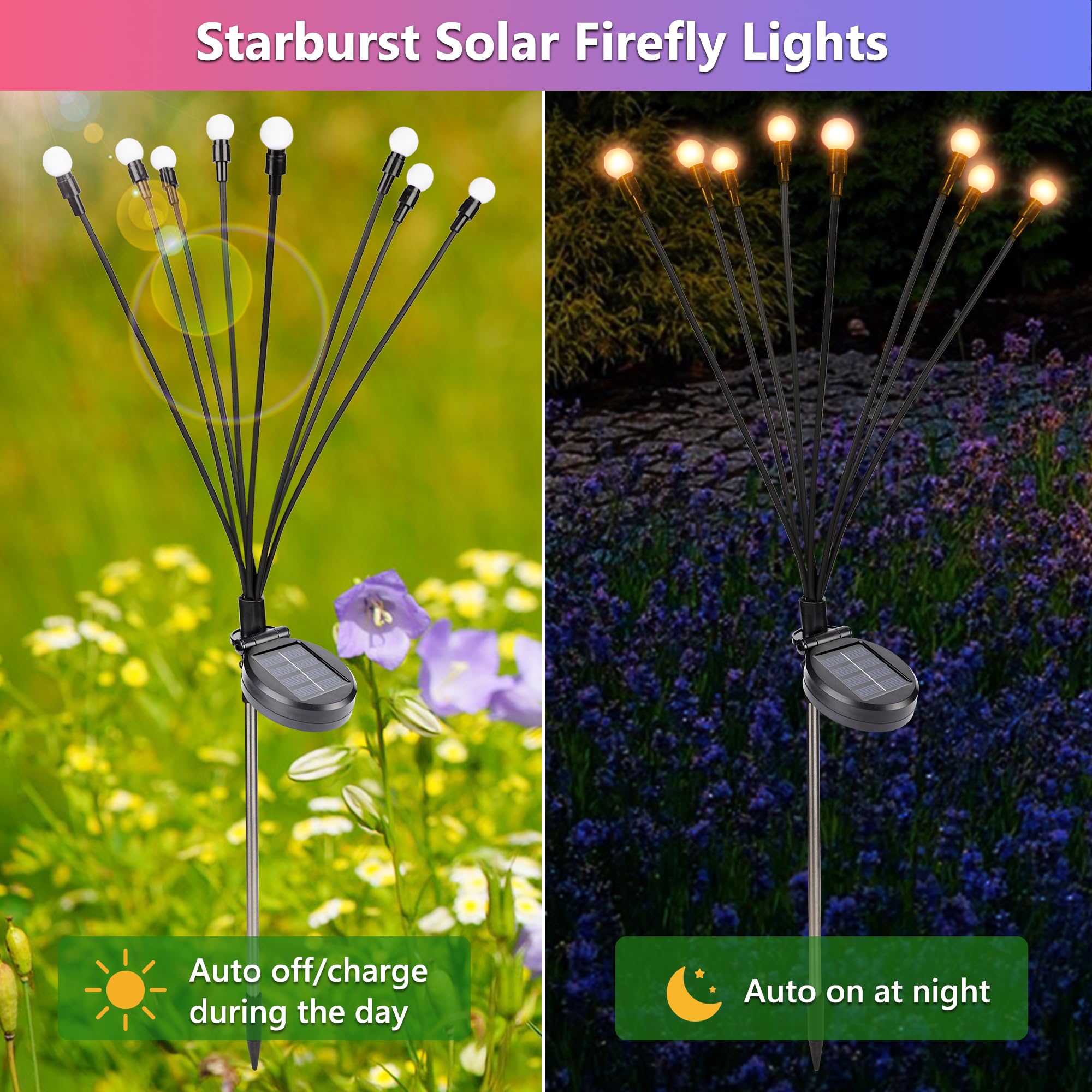 BrizLabs 4 Pack 32 LED Solar Garden Lights - Waterproof Firefly Solar Pathway Lights with 2 Modes (Warm White) for Outdoor Yard, Walkway, Patio Decor | Perfect for Landscape Lighting, Garden Accents & Evening Ambiance