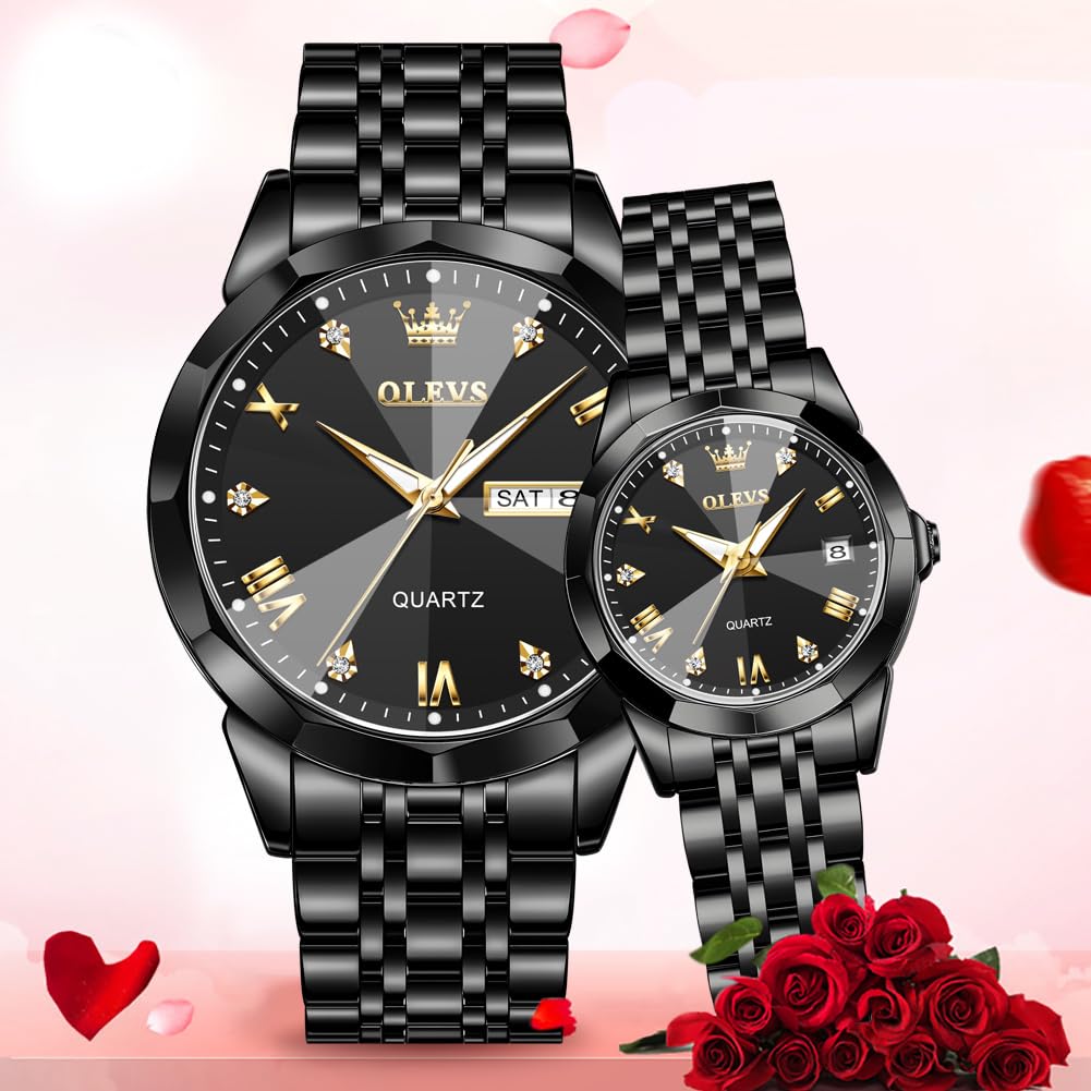 OLEVS Valentine's Day Couple Watches Set - His and Hers Stainless Steel Quartz Wristwatches with Luminous Hands, Date Window & 3ATM Waterproof - Perfect Romantic Gift for Anniversaries, Weddings & Couple Matching (Set of 2) | Great for Date Nights, Special Occasions & Everyday Wear