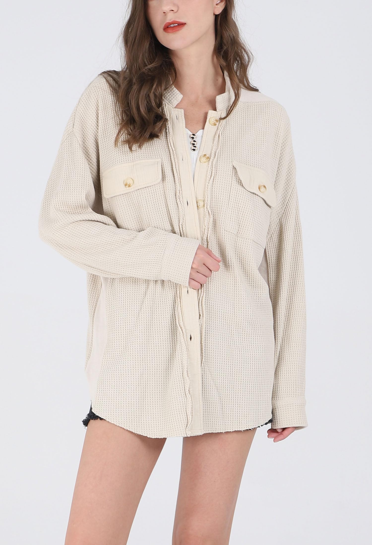 Women's Loose Fit Batwing Sleeve Waffle Knit Button Down Shirt Shacket - Casual Oversized Tops for Fall & Winter Layering, Workwear, and Everyday Outfits