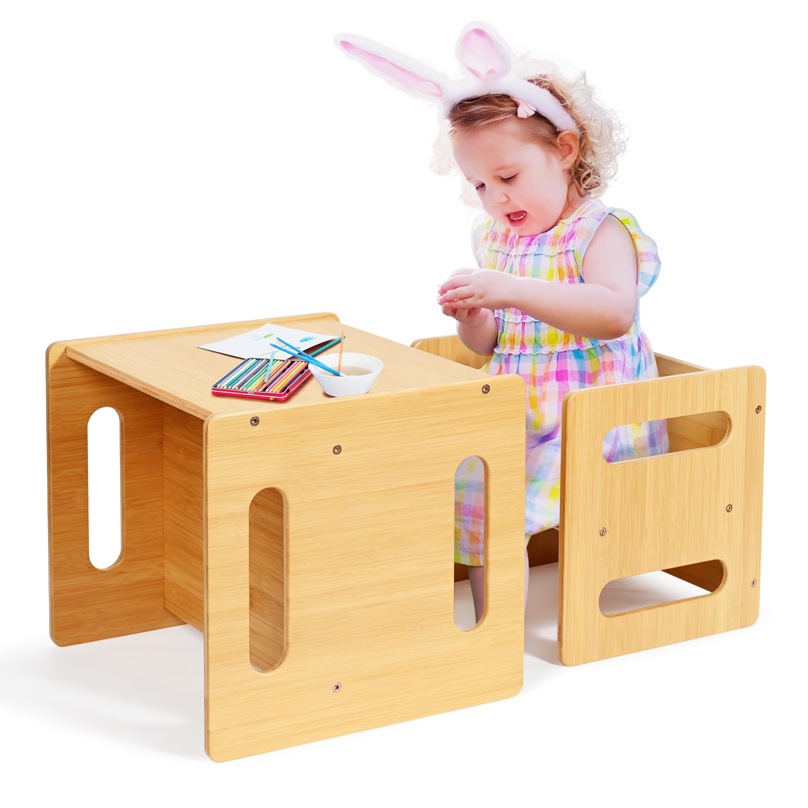 Montessori Weaning Table and Chair Set for Toddlers 1-3 Years - Natural Bamboo Kids Activity Desk & Chairs for Dining, Reading, Playtime - CPC Certified Safe & Eco-Friendly - Perfect for Home, Preschool & Daycare Learning Spaces