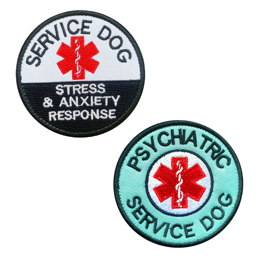 2 Packs Psychiatric Service Dog & EMT Service Dog Patches - Funny Stress & Anxiety Relief Embroidered Hook & Loop Badges for Service Dogs, Guide Dogs & Large Farm Dogs - Perfect for Vests, Backpacks & Training Gear