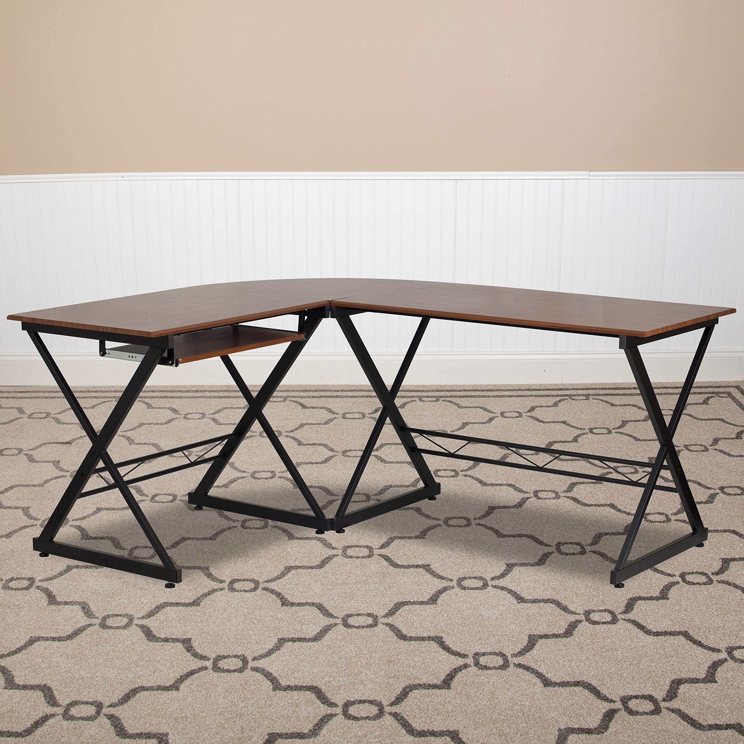 EMMA + OLIVER Teakwood L-Shaped Computer Desk with Keyboard Tray - Modern Home Office Workstation for Gaming, Study & Remote Work