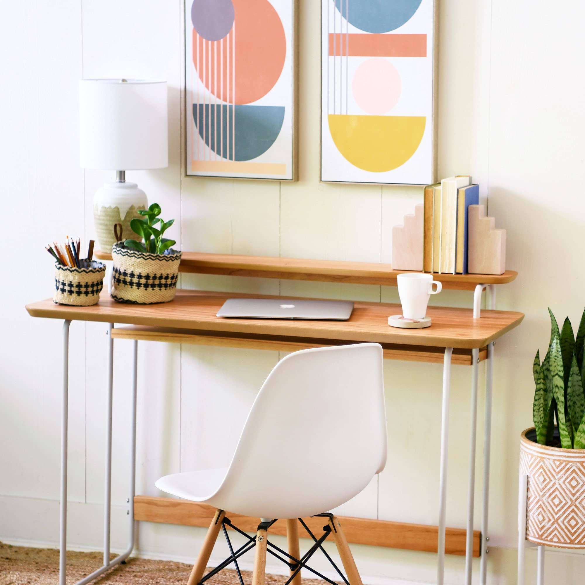 Mid-Century Modern Computer Desk - Genuine Wood Veneer & Rounded Metal Frame - Boho Home Office Desk for Bedroom, Study & Workspace | Perfect for Remote Work & Small Space Living