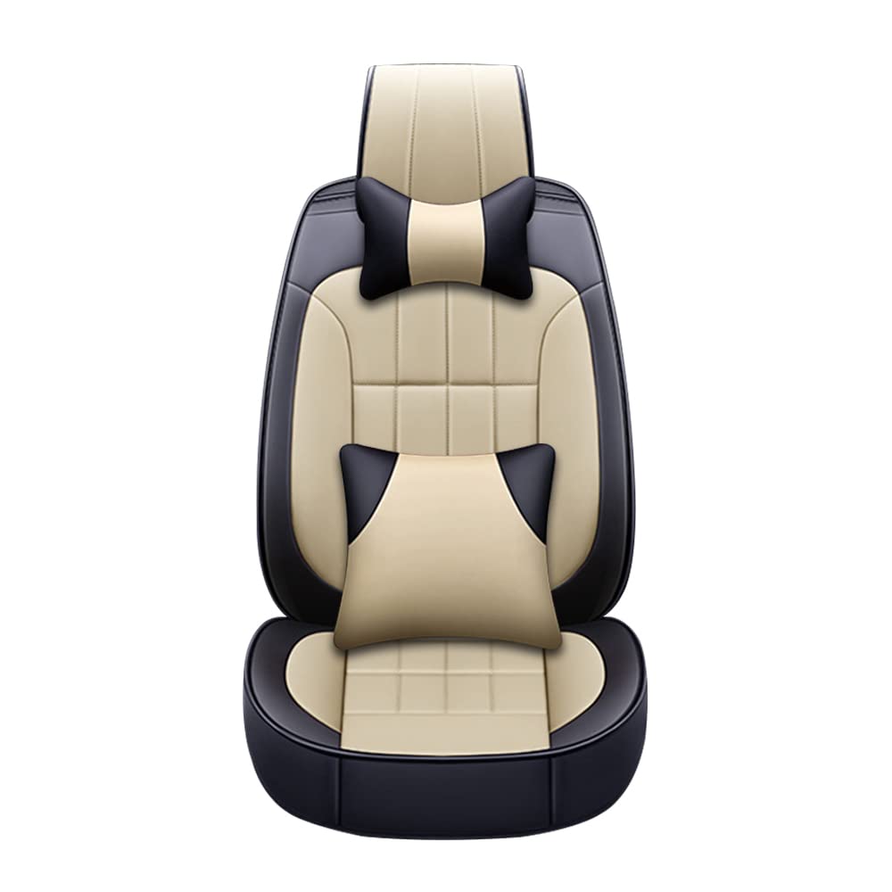 Premium Genuine Leather Car Seat Covers for Hyundai Elantra (2017-2023) - 5-Piece Set with Lumbar Support Pillows, Beige - Universal Fit Auto Seat Protectors for Comfort & Style - Perfect for Daily Commute, Road Trips & Car Interior Protection