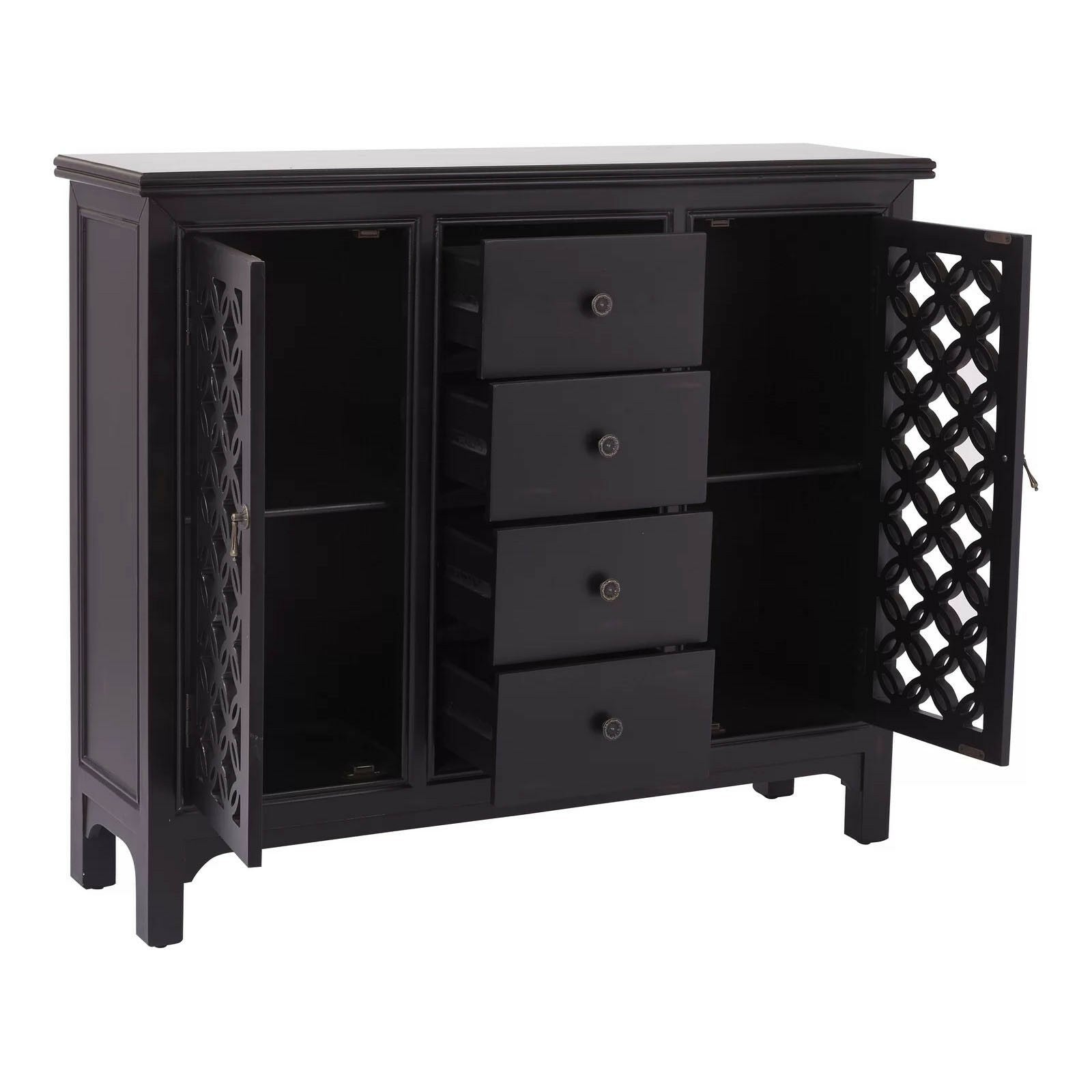 Hand Carved JALI Door Solid Wood Sideboard - Black | Traditional Indian Wooden Cabinet for Living Room, Dining Room & Entryway Decor