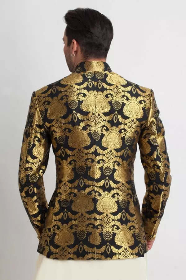 Black & Gold Pure Silk Jamavar Prince Coat AI JKT 00004 | Elegant Indian Formal Wear for Weddings, Parties & Special Occasions