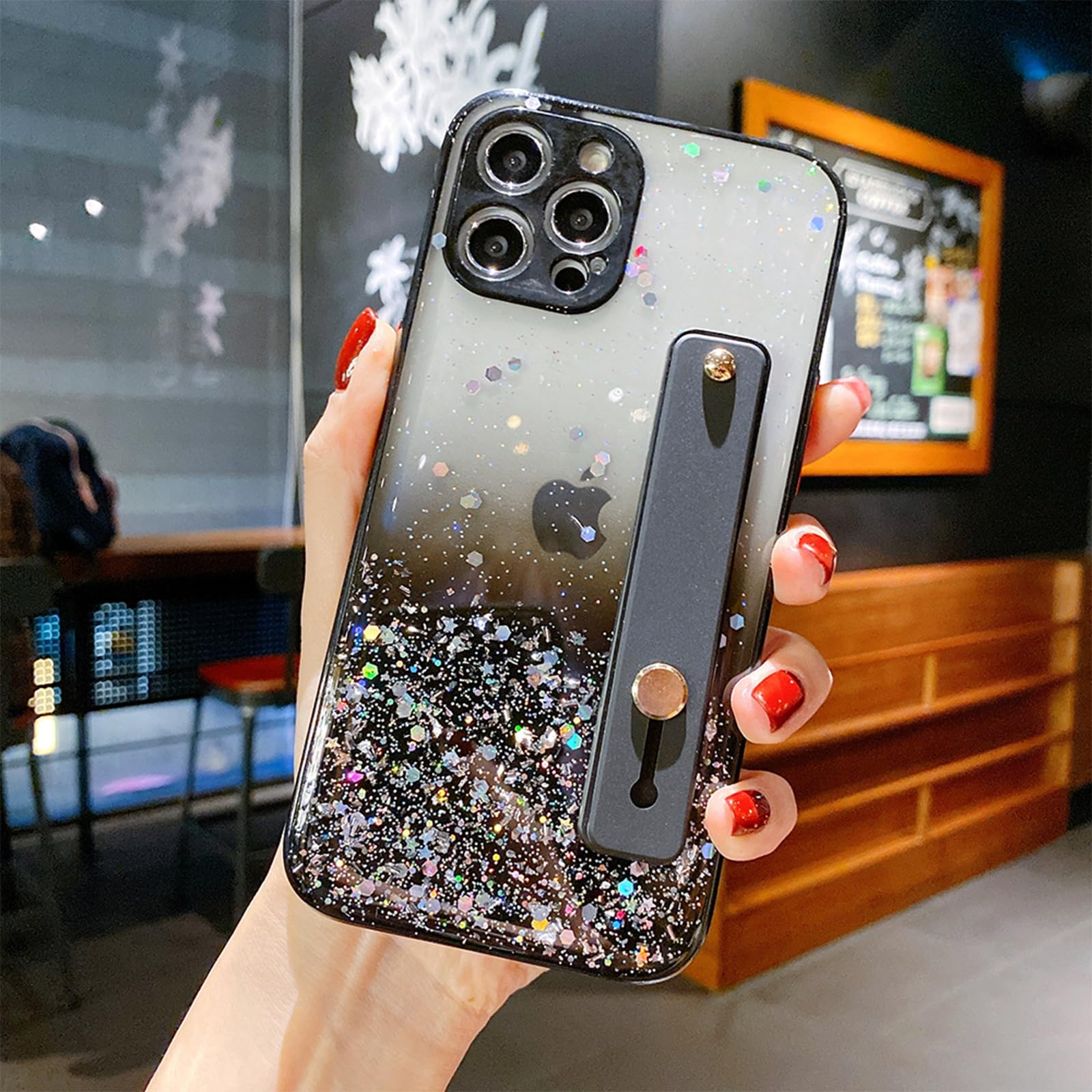 Sparkly Glitter Clear Phone Case with Wrist Strap & Kickstand for iPhone 12 Pro Max 6.7 Inch - Soft TPU Protective Cover with Adjustable Hand Grip Loop - Perfect for Workouts, Travel & Everyday Use (Black)