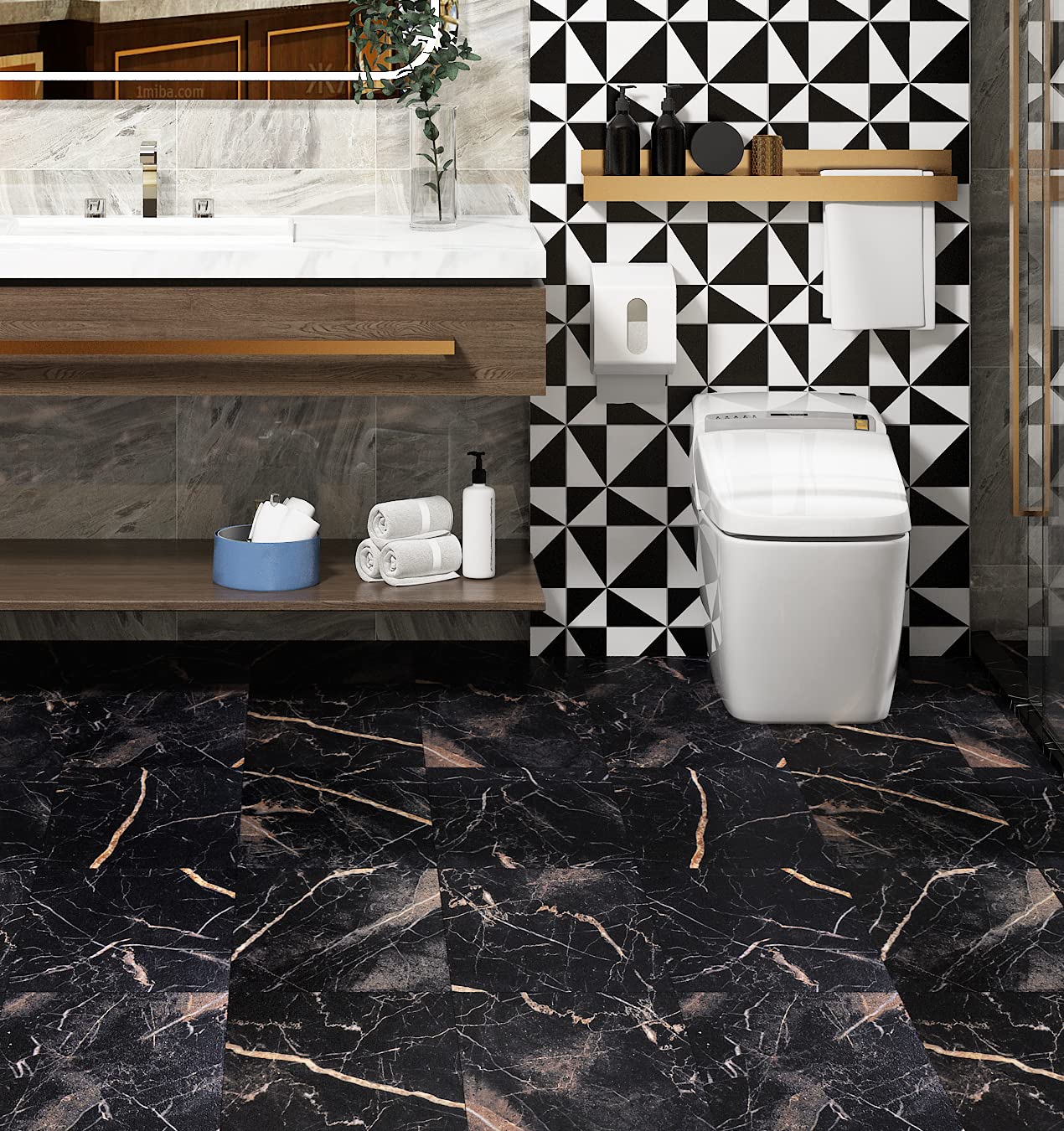 Black Marble Peel and Stick Vinyl Floor Tiles - 12
