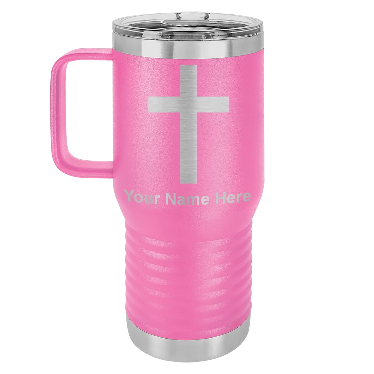 LaserGram 20oz Vacuum Insulated Stainless Steel Travel Mug with Handle - Christian Cross Design, Personalized Engraving Gift - Pink | Keeps Drinks Hot/Cold for Hours | Perfect for Commuting, Work, Church & Outdoor Activities