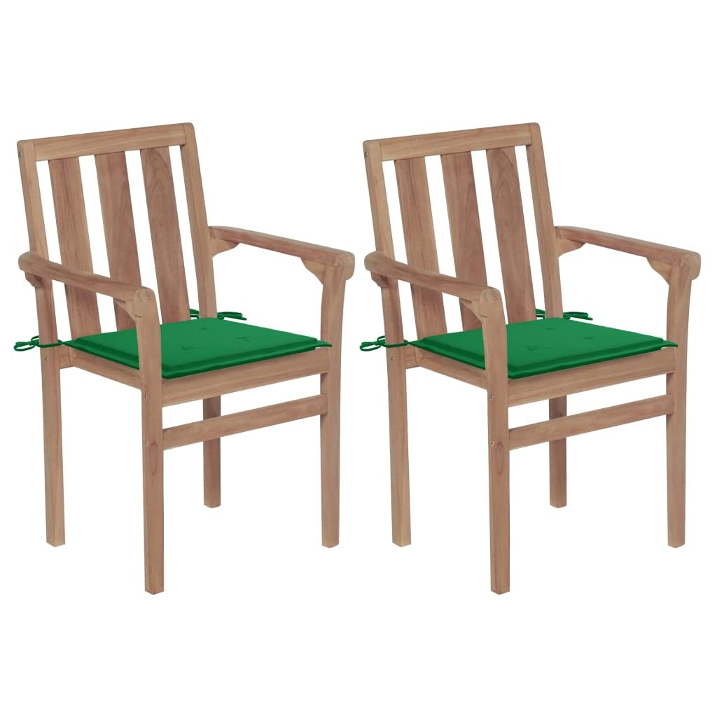 2-Pack Solid Teak Wood Patio Chairs with Green Cushions - Stackable Outdoor Dining Chairs for Garden, Poolside & Backyard - Weather-Resistant Wooden Furniture for Patio Seating & Al Fresco Dining