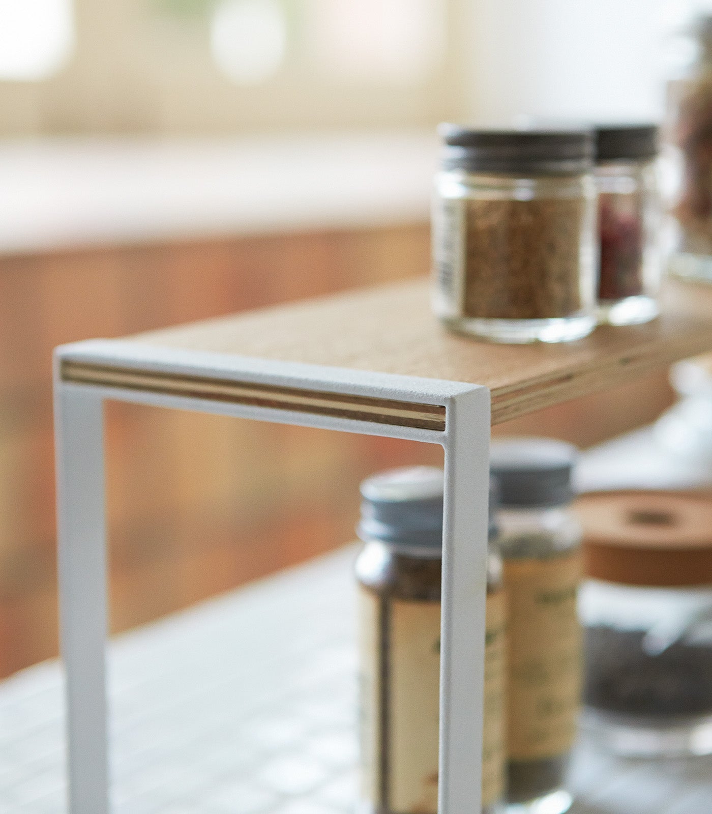 Single Tier Riser Shelf - Sturdy Steel Frame with Natural Wood Top - Perfect for Home Office, Kitchen Storage, or Displaying Decor Items