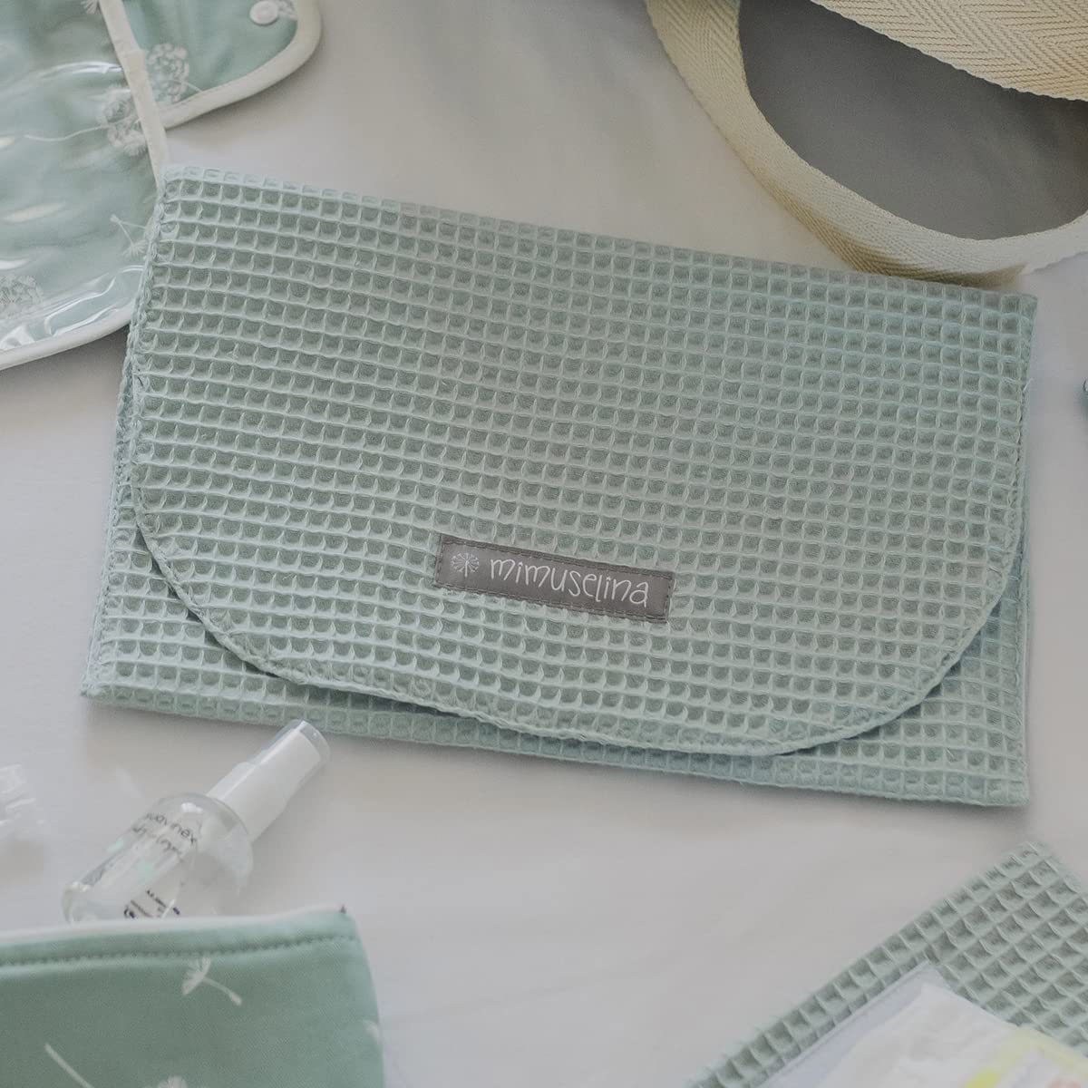 MIMUSELINA Waterproof Baby Diaper Bag Organizer Set - Perfect for Newborns, Travel & Daily Use (Waffle Mint/Bamboo Mint/Ecru) | Diaper Storage, Document Holder & On-the-Go Essentials Organizer