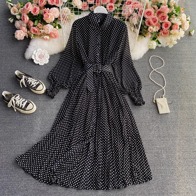 French Style POLO Collar Long Chiffon Pleated Skirt with Polka Dots - Elegant Office Wear & Summer Casual Dress for Women