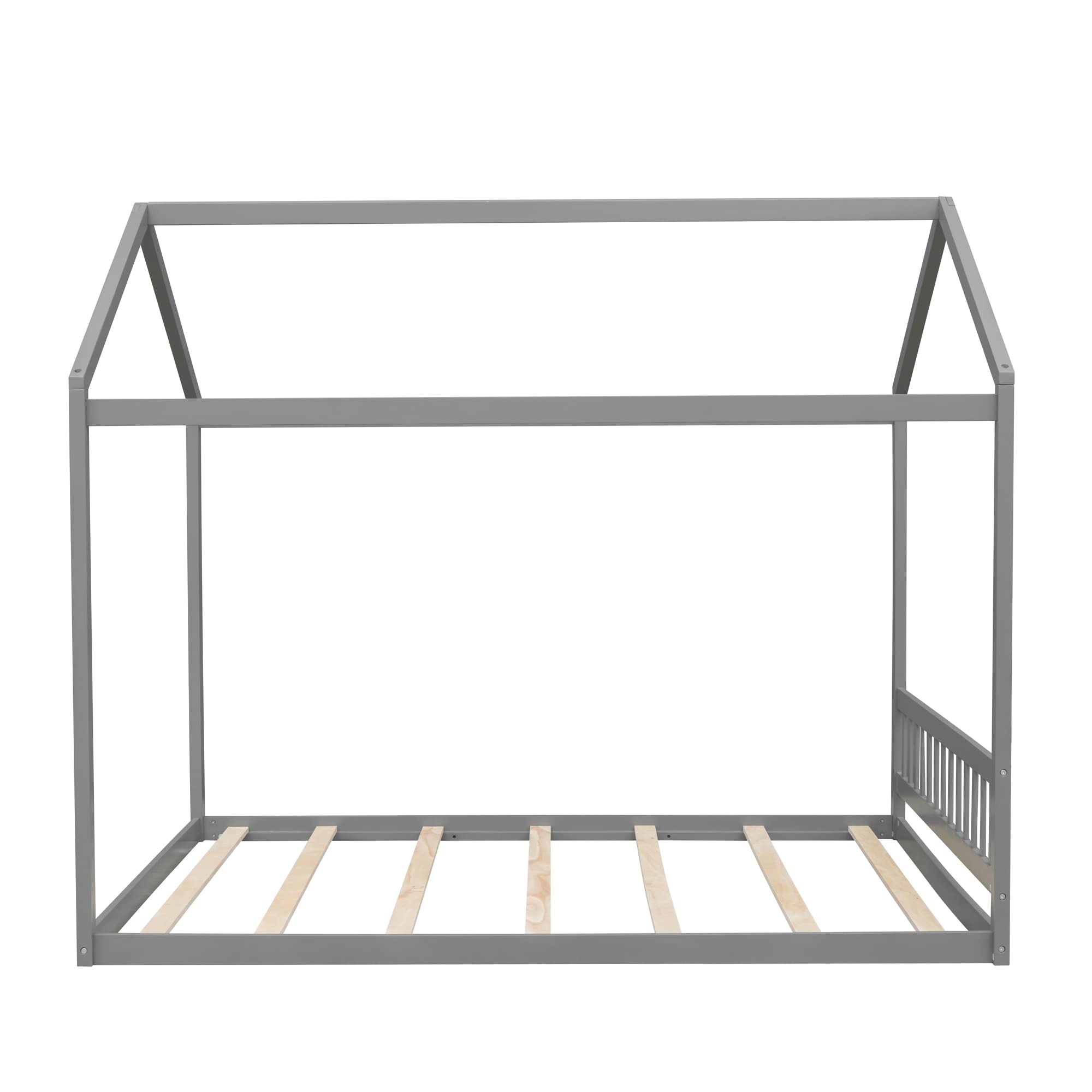 Montessori Wooden House Floor Bed Frame for Kids, Teens & Adults - Queen Size with Roof, No Box Spring Needed, Gray - Perfect for Kids' Bedrooms, Playrooms & Montessori Learning Spaces