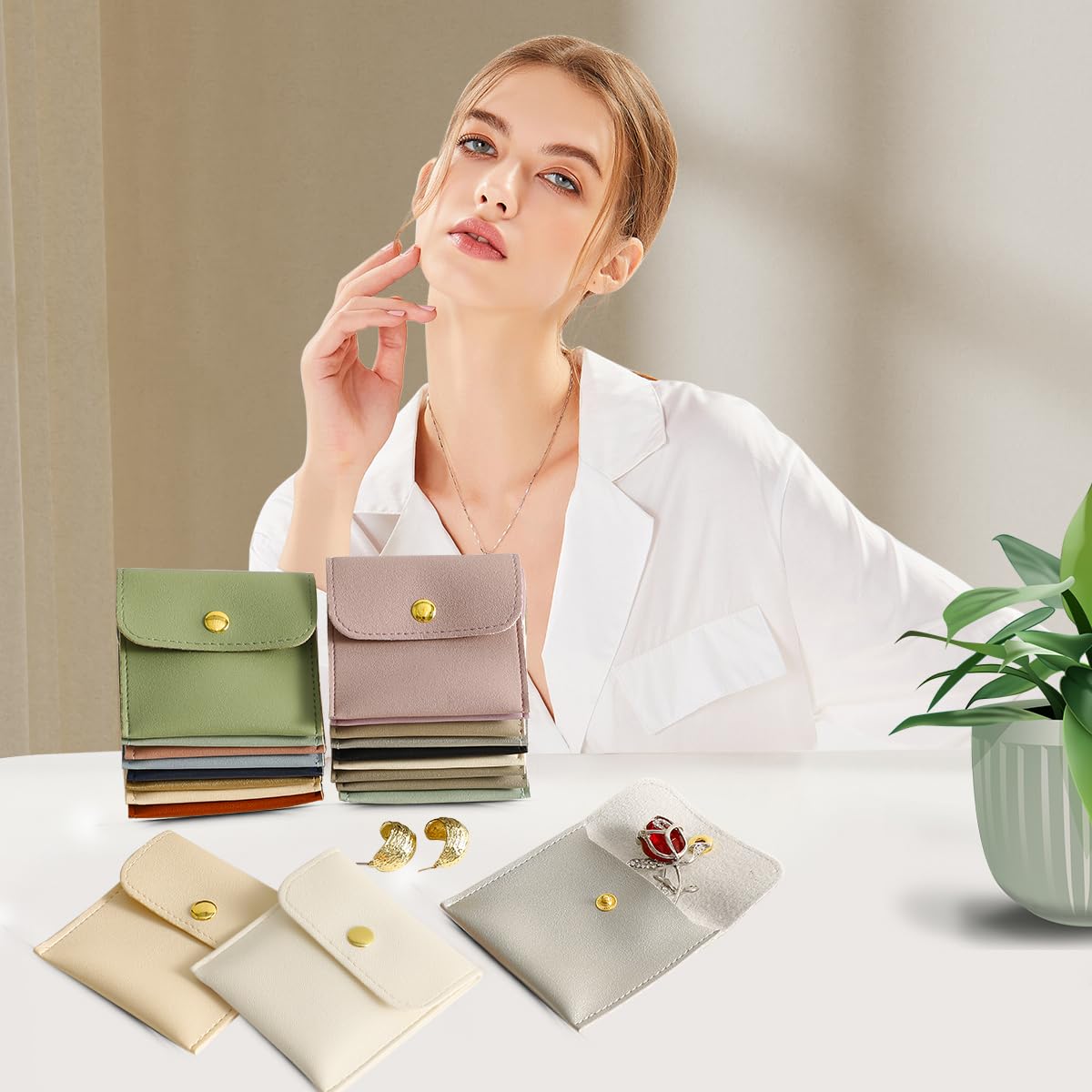 40pcs 8x8cm White PU Leather Jewelry Gift Bags with Snap Button - Luxury Small Favor Pouches for Earrings, Necklaces, Bracelets & Rings - Perfect for Wedding Favors, Party Gifts & Retail Packaging