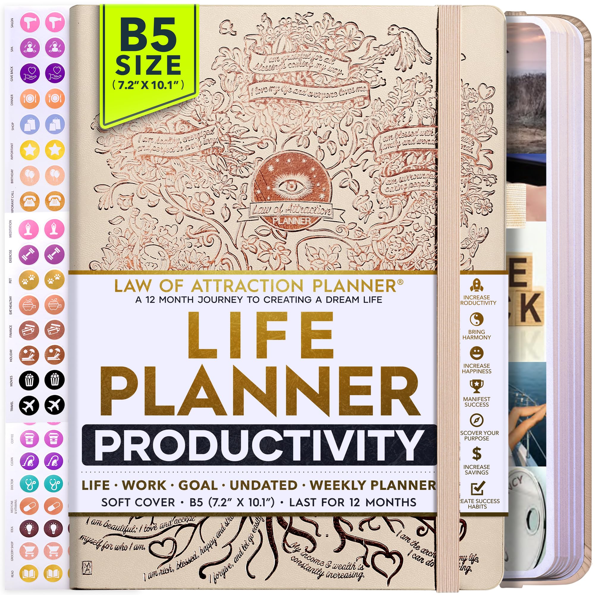 2025 Law of Attraction Planner - Undated Hourly, Weekly & Monthly Productivity Planner for Goal Setting | 12-Month Life & Gratitude Journal with Foldable Vision Board, Gift Box & Stickers - Perfect for Manifestation, Self-Improvement & Daily Organization