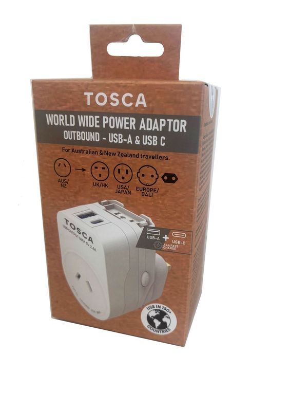 Tosca TCA072 Worldwide USB A+C Port Adapter - White | Universal Travel Charger for Laptops, Phones & Tablets | Perfect for Home, Office & International Trips