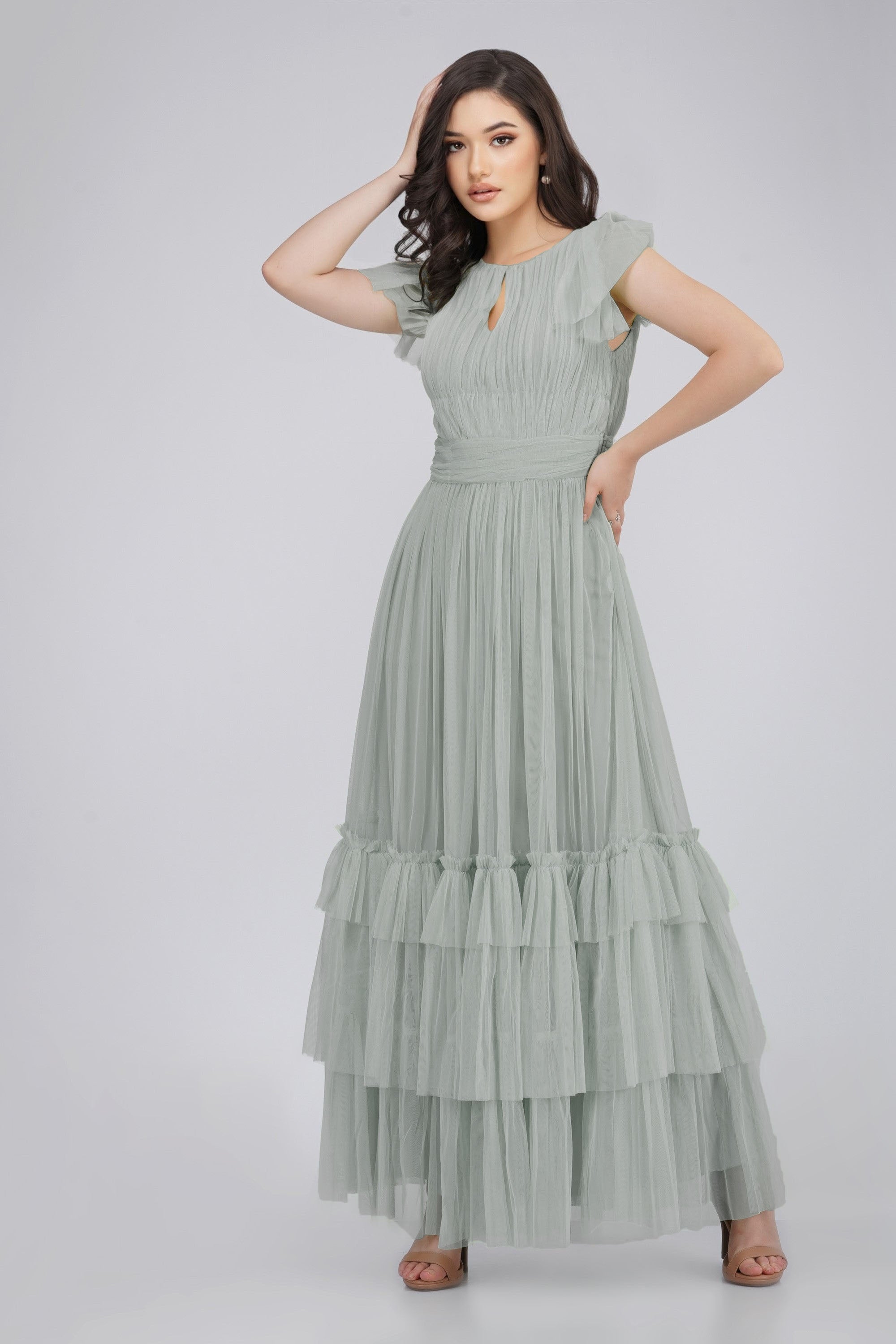 Elegant Dark Sage Tulle Maxi Dress for Women - Perfect for Weddings, Prom & Special Occasions
