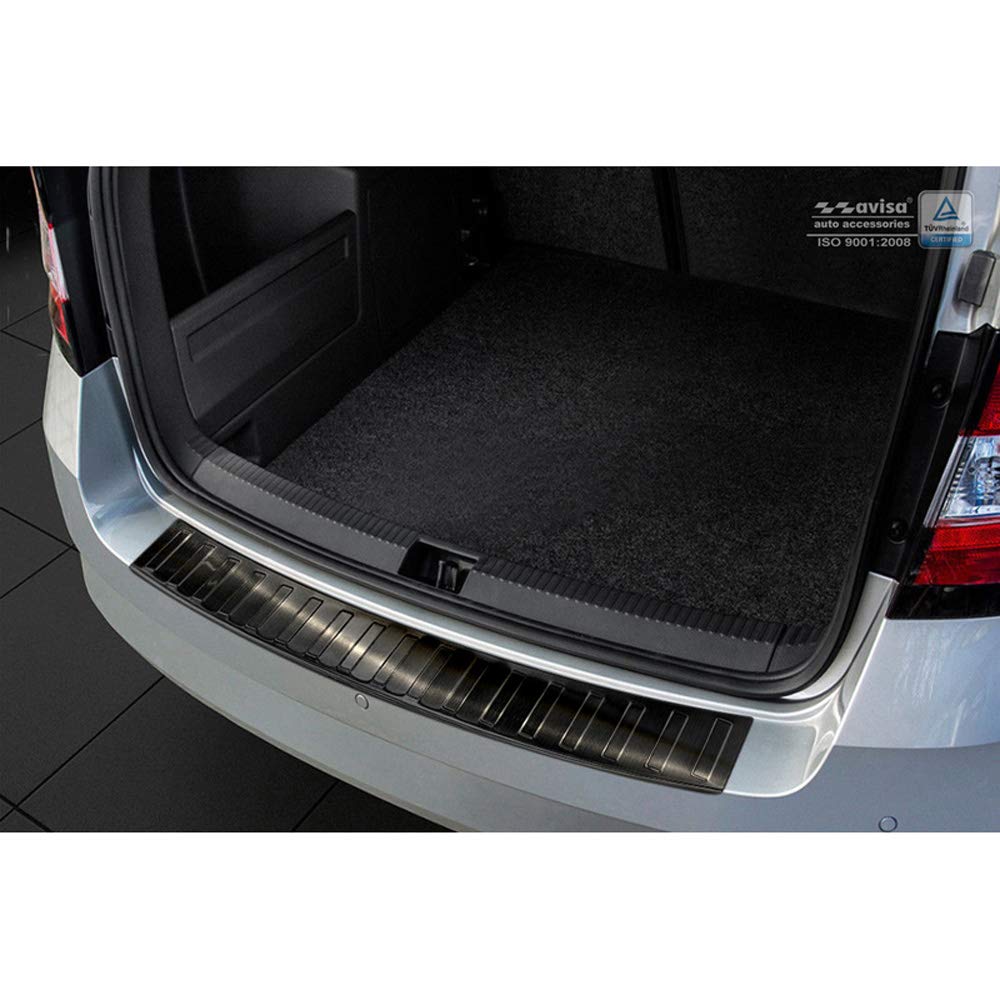 Skoda Fabia III Combi 2015 Rear Bumper Protector - Black Stainless Steel with Ribs Design | Durable Car Accessory for Scratch Protection & Style Enhancement | Perfect for Parking Safety & Vehicle Customization