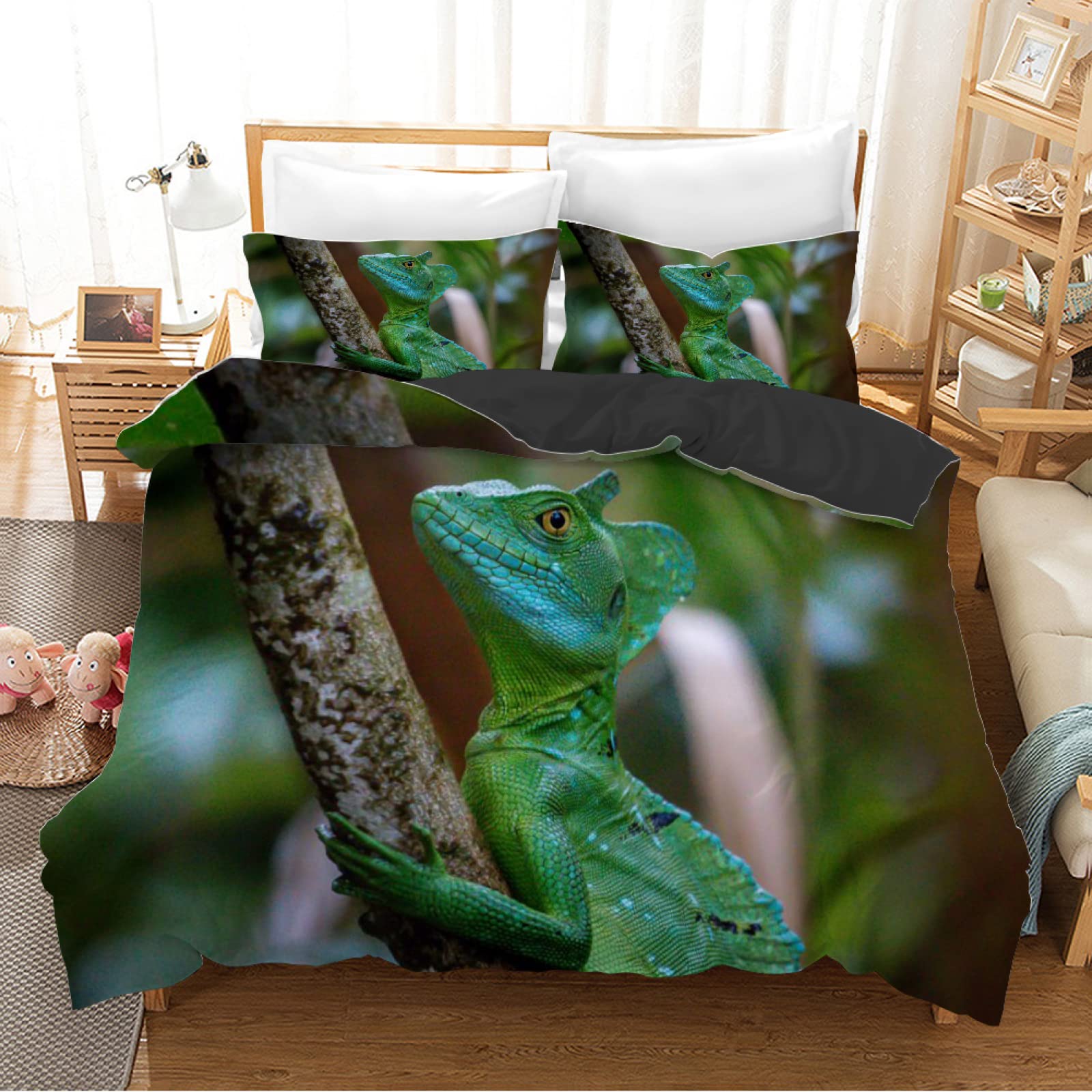 Premium Queen Size Green Lizard Pattern Duvet Cover Set - 3 Piece Soft Brushed Microfiber (110g/㎡) with Zipper Closure - Includes 2 Pillow Shams (20