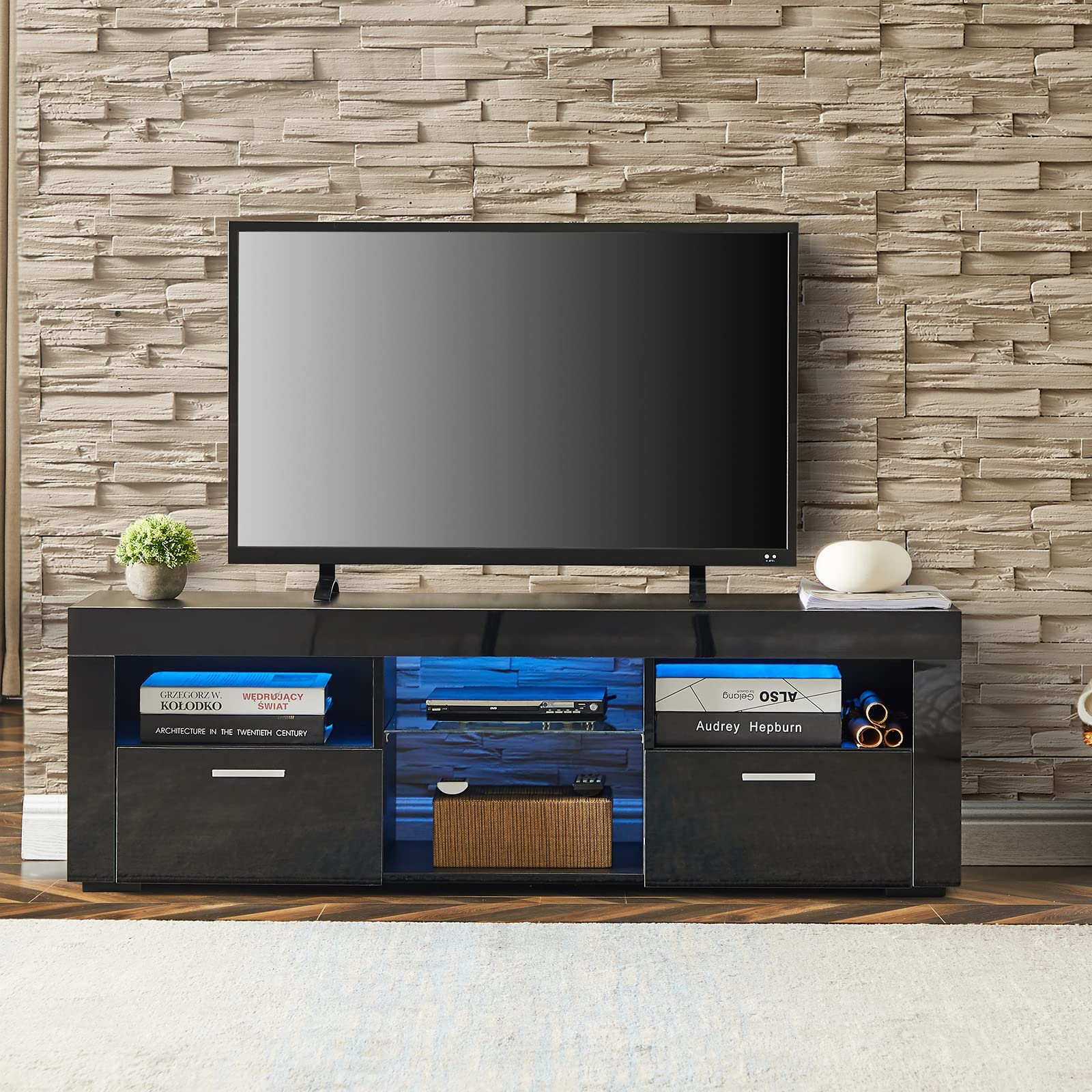 Modern Black TV Stand with LED Lights for 55 Inch TVs - Media Console with Storage Shelves, Gaming & Entertainment Center for Living Room & Bedroom (51.2