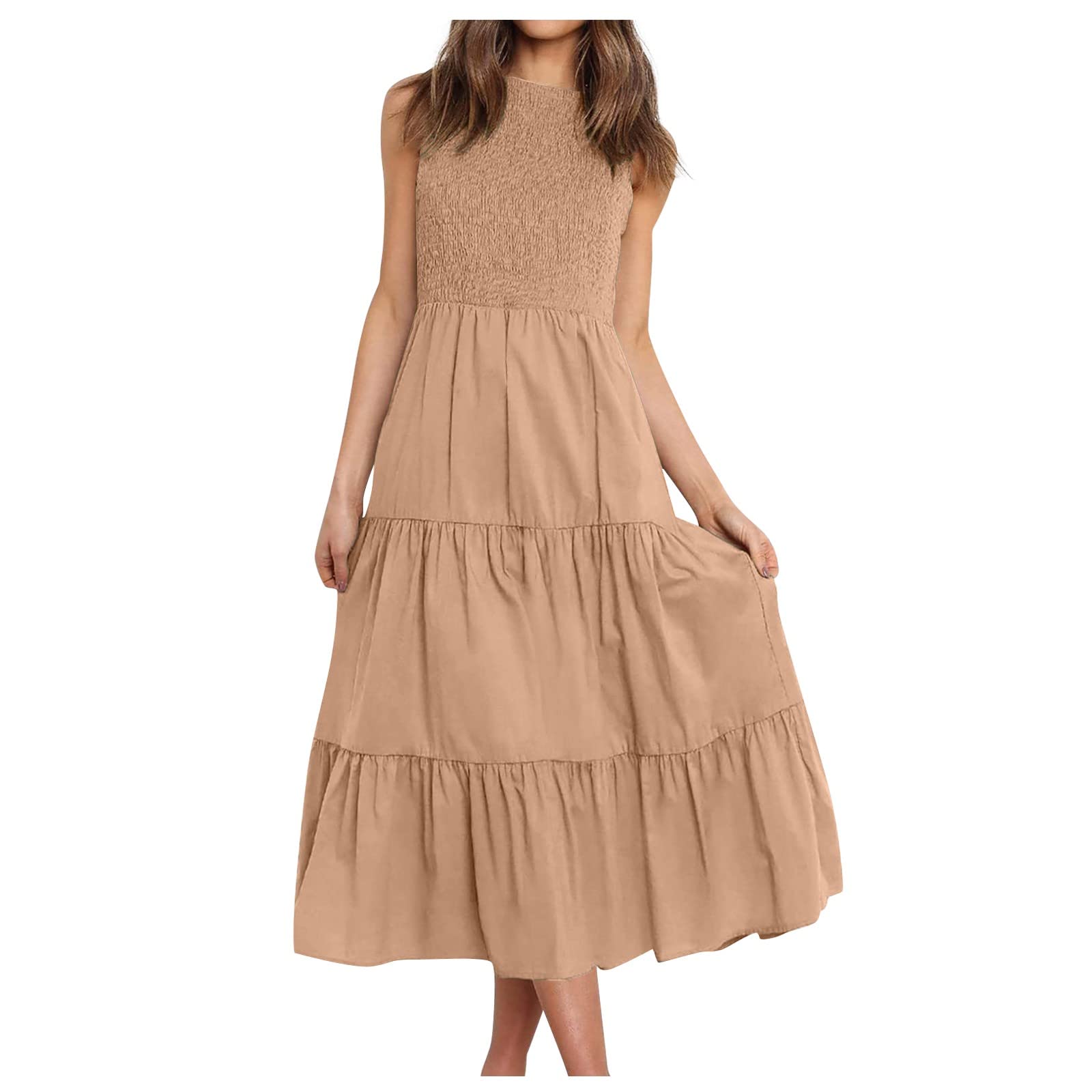 Women's Smocked Sleeveless Midi Dress - Crewneck A-Line Tiered Flowy Casual Beach Tank Dress for Summer Vacation, Pool Party & Date Night