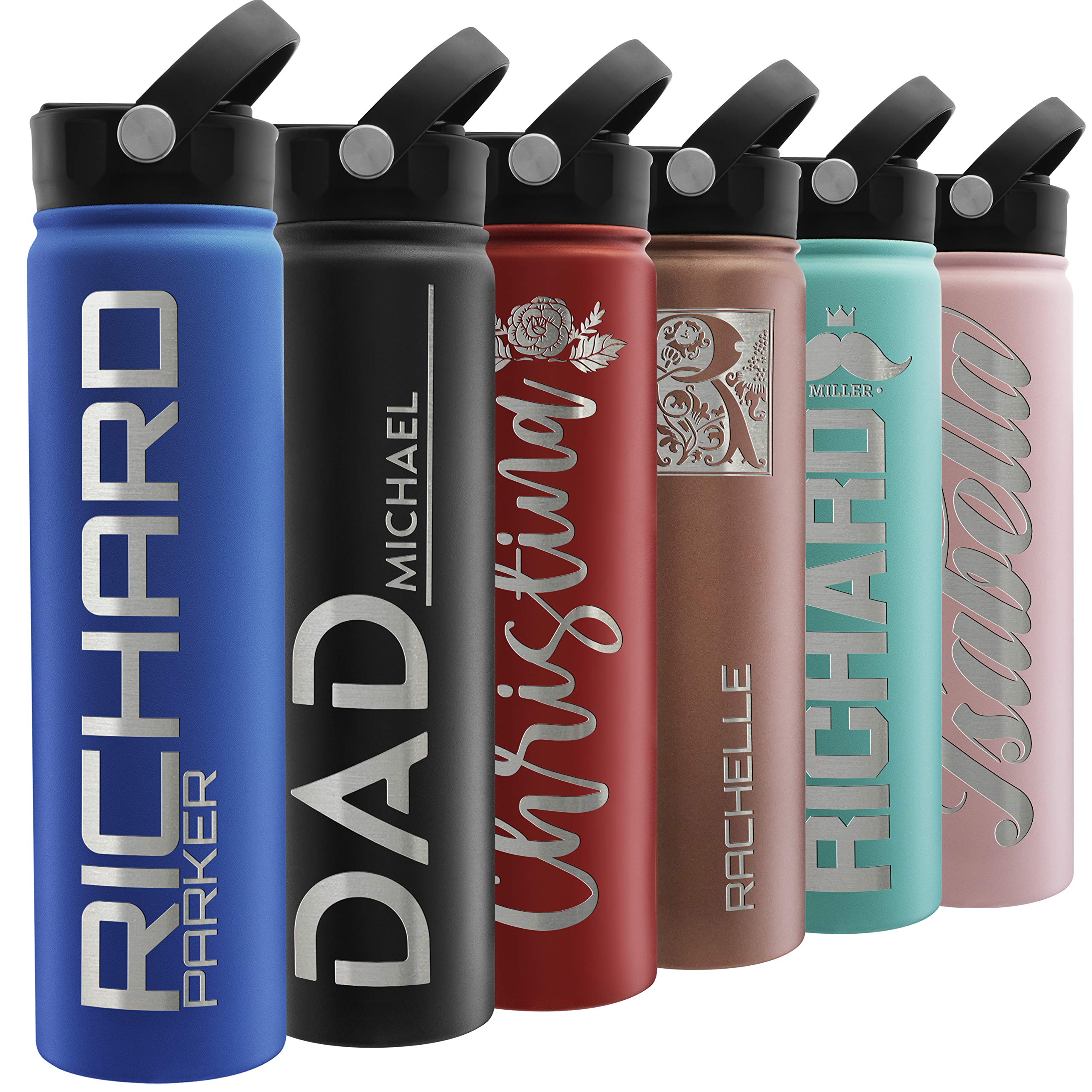 Personalized 24 oz Double-Wall Vacuum Insulated Sports Water Bottle with Straw Lid & Handle - Custom Name/Text Laser Engraved - 3 Sizes, 12 Designs & 9 Colors - Perfect for Gym, Hiking, Office & Outdoor Activities