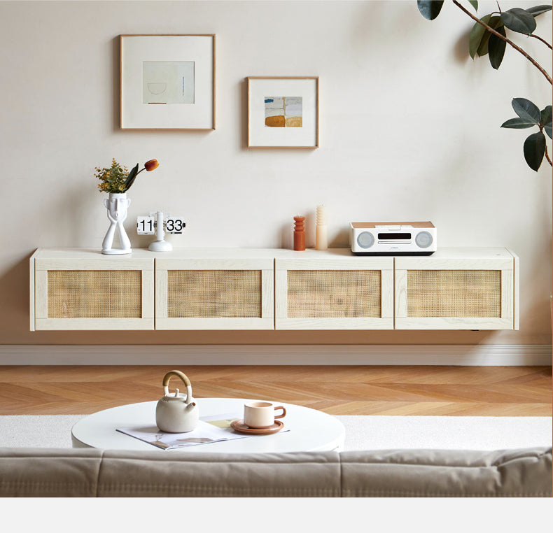 Solid Oak Wood Rattan TV Stand with Suspended Design - Stylish Media Console for Living Room, Bedroom & Home Theater
