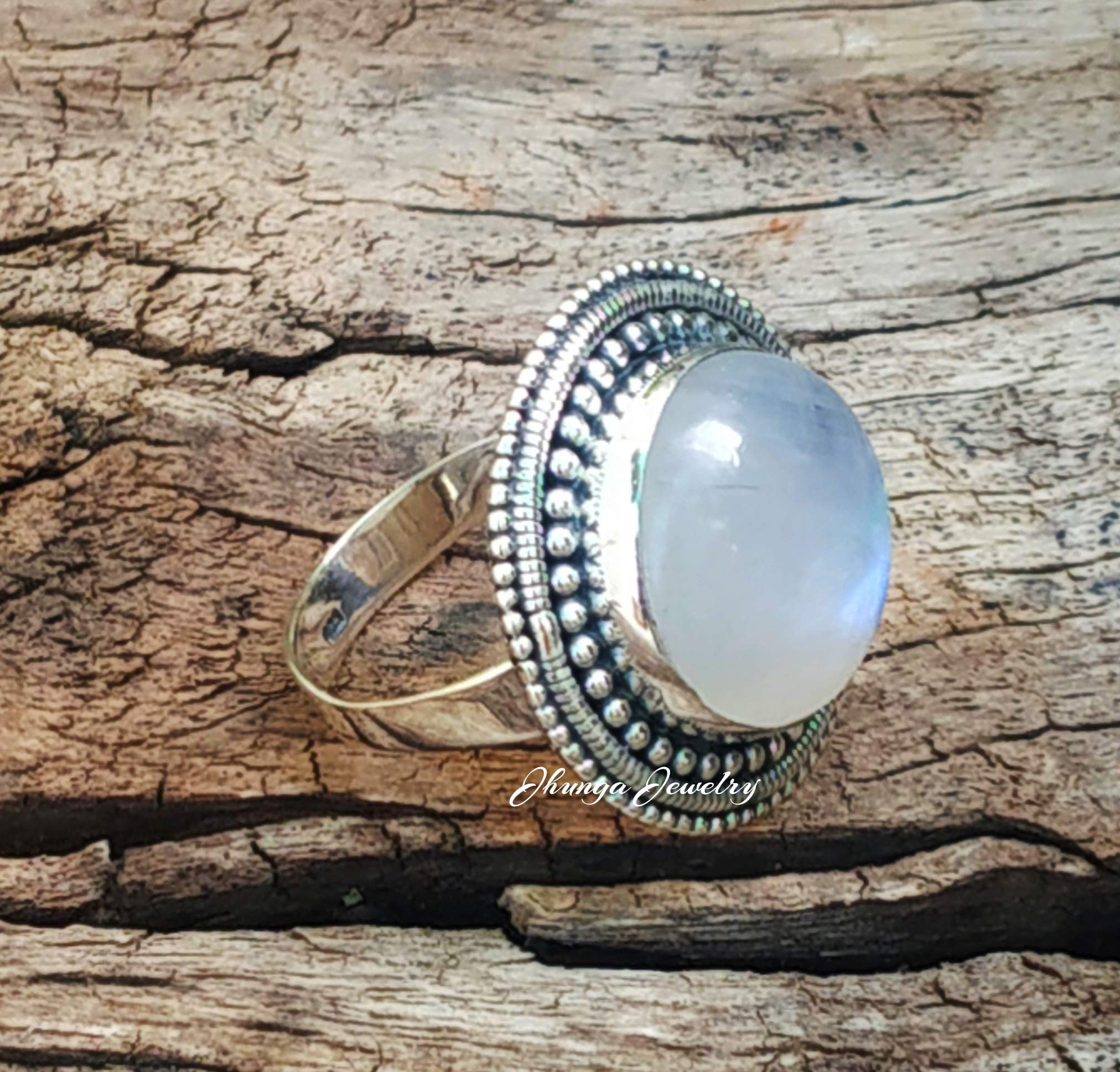Natural Blue Flash Moonstone Ring - 925 Sterling Silver Artisan Jewelry with Rainbow Effect & Dotted Design | Wide Band Engagement Ring for Women/Men | Perfect Bridal Gift, Wedding Jewelry & Everyday Boho Chic Accessory