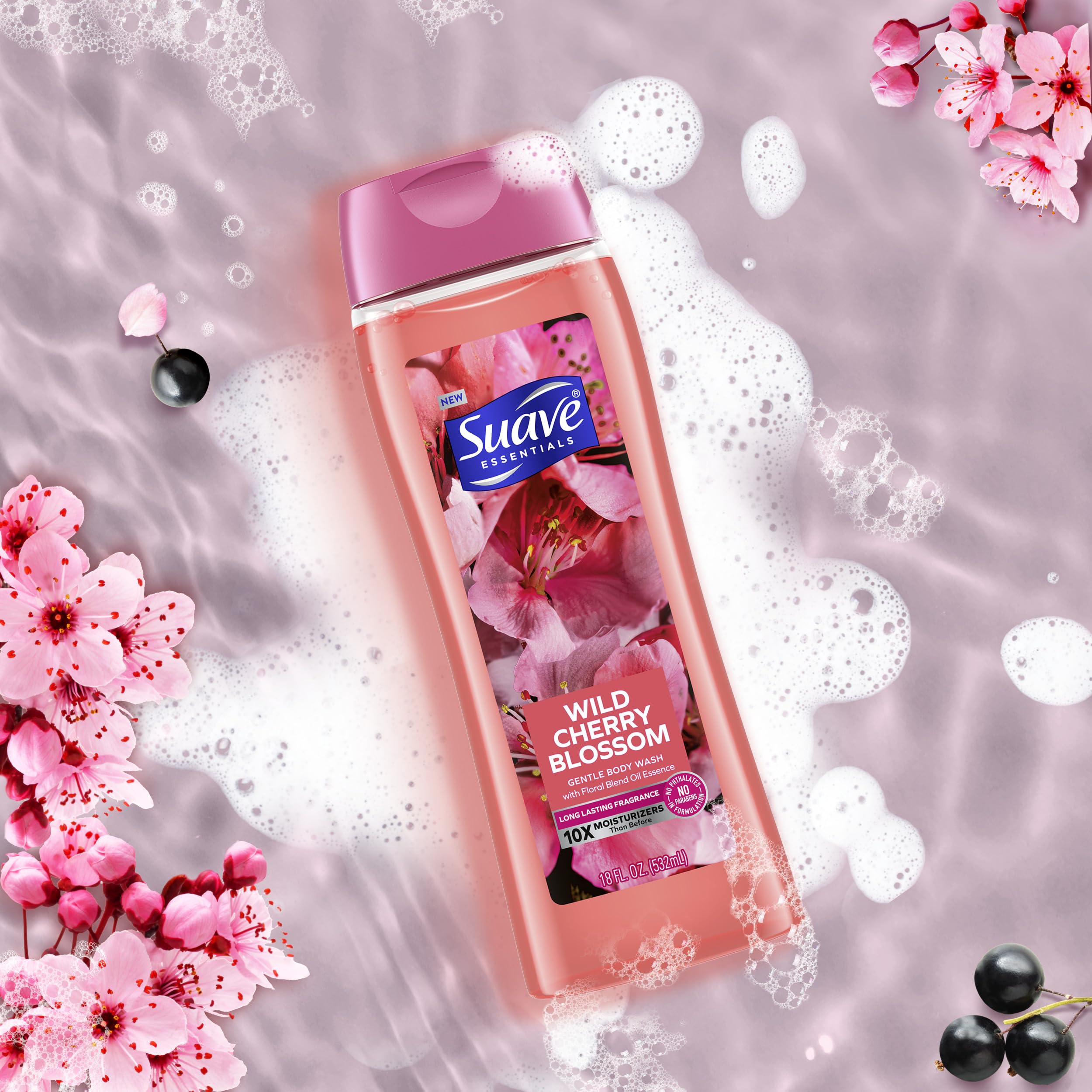 Suave Wild Cherry Blossom Body Wash & Lotion Set - 2 Pack with Vitamin E, Moisturizing & Gentle Formula (18 Oz Each) for Daily Shower & Skin Hydration