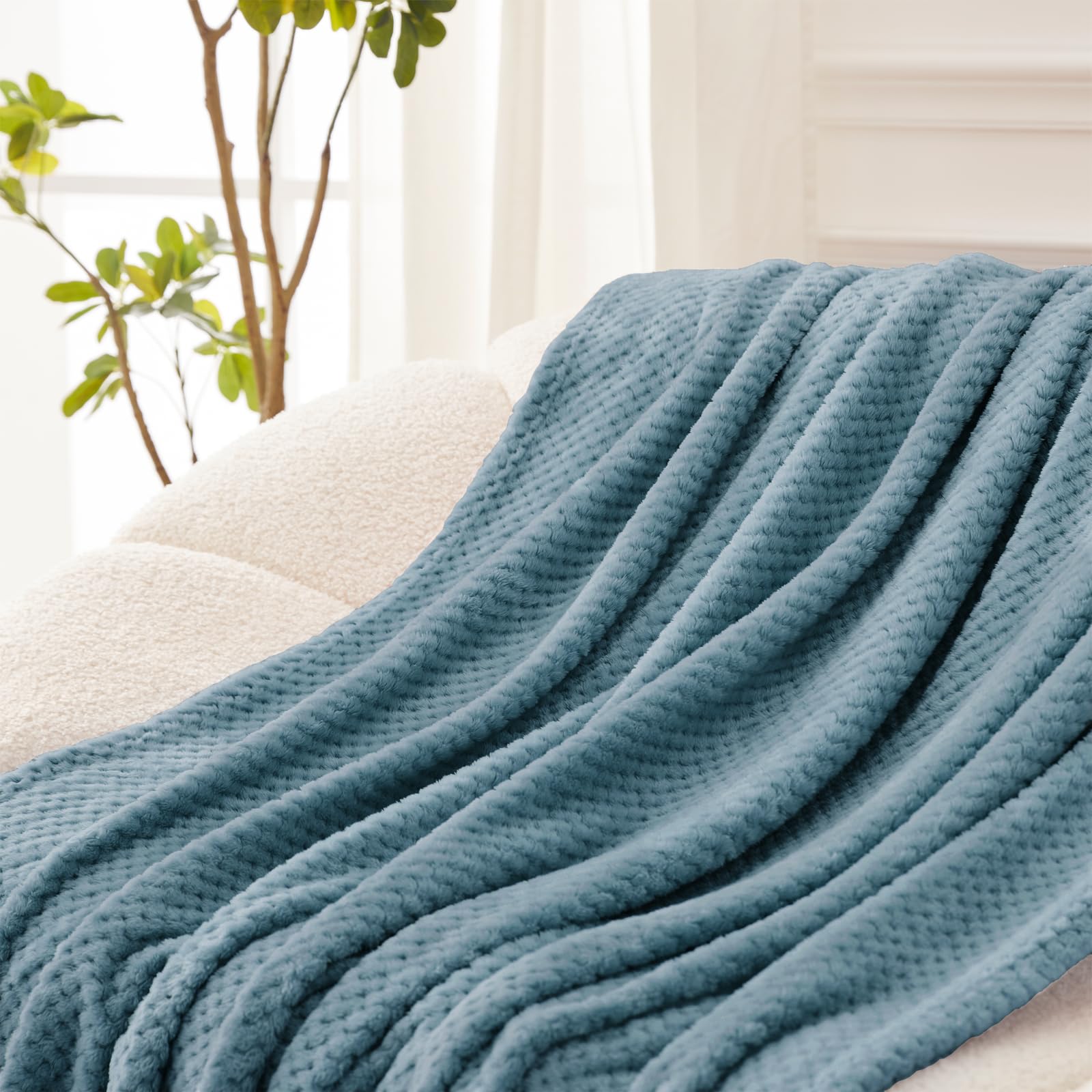 Premium Fleece Blend Twin Size Bed Blanket - Ultra Soft & Warm Waffle Textured Throw for Couch, Sofa & Bed - Cozy, Fuzzy & Lightweight (Slate Blue, 90x66 Inches) - Perfect for Winter Nights, Movie Time & Guest Rooms