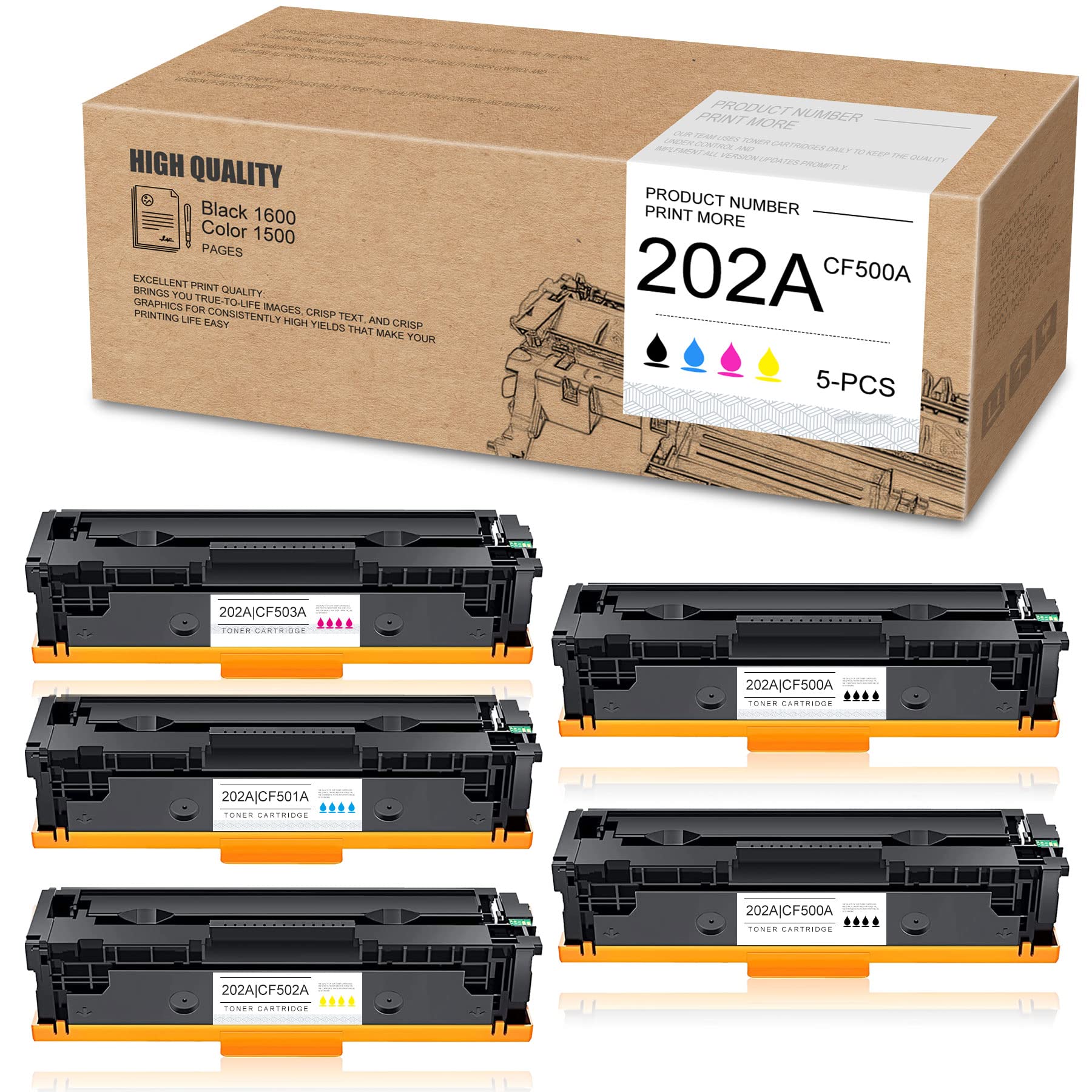 ISHIEY 5-Pack Compatible Toner Cartridges (2BK+1C+1M+1Y) for HP 202A/CF500A/202X/CF500X - Works with HP Color Pro MFP M281fdw/M281cdw/M254dw/M281fdn/M281/M254/202 Printers - Perfect for Home & Office Printing Needs