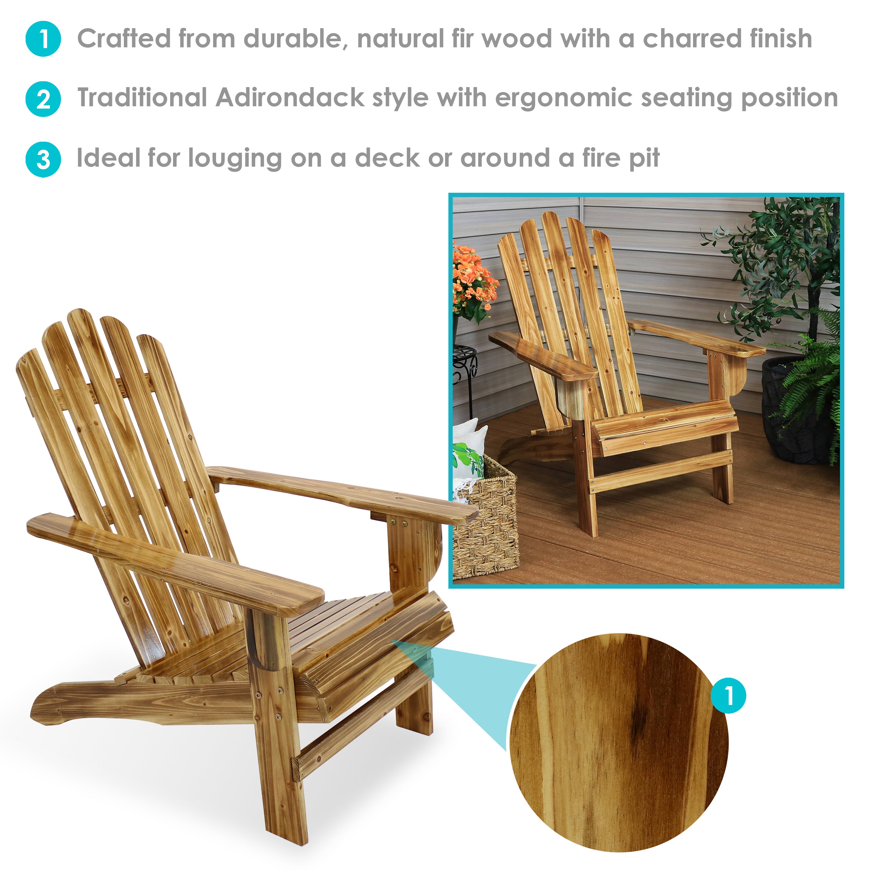 Rustic Wooden Adirondack Chair with Light Charred Finish - Outdoor Patio Furniture for Garden, Backyard & Poolside Relaxation