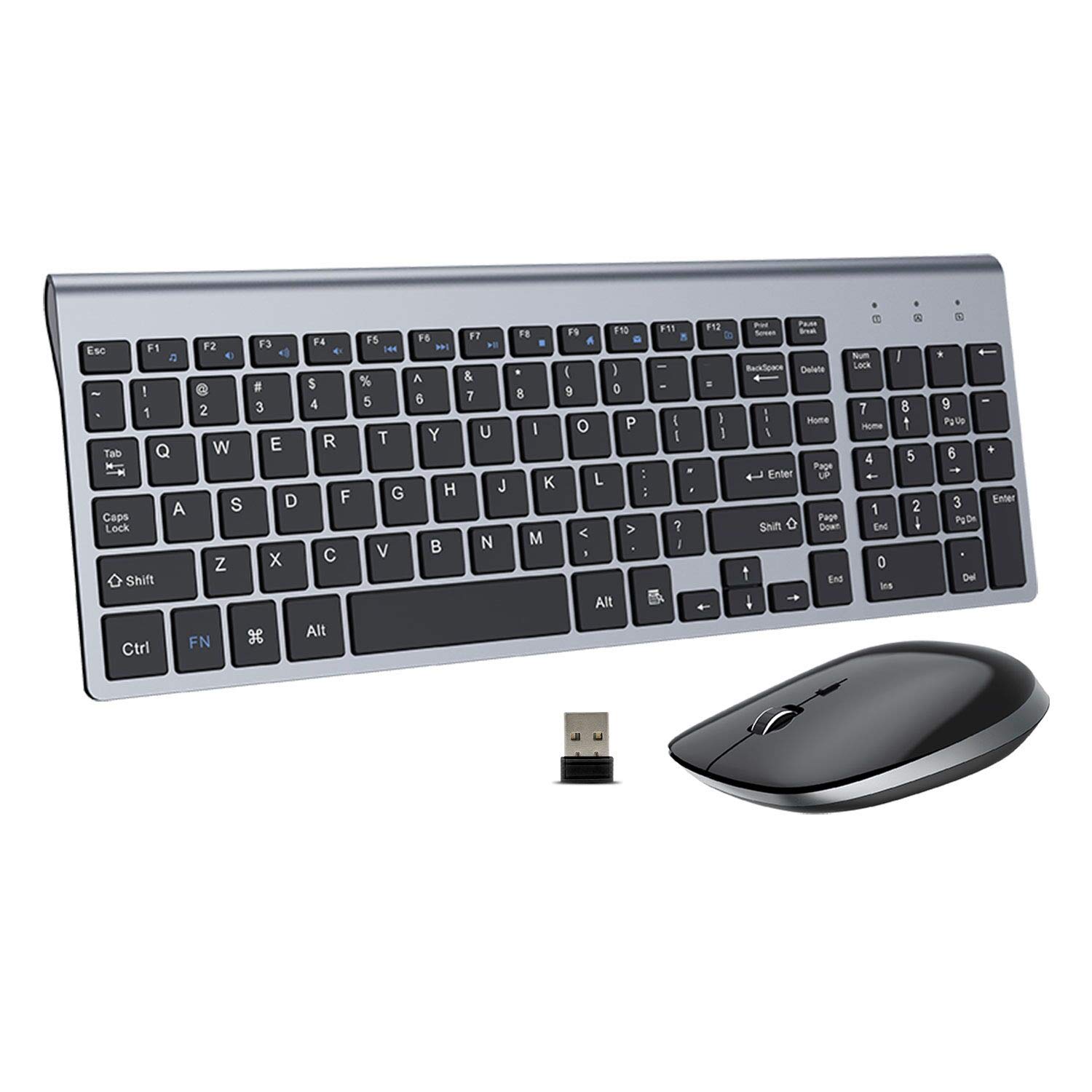 2.4G Wireless Keyboard and Mouse Combo - Ergonomic Full-Size USB Keyboard with Silent Mouse for PC, Laptop, Windows & Mac - Black & Grey - Perfect for Office, Home & Gaming Use