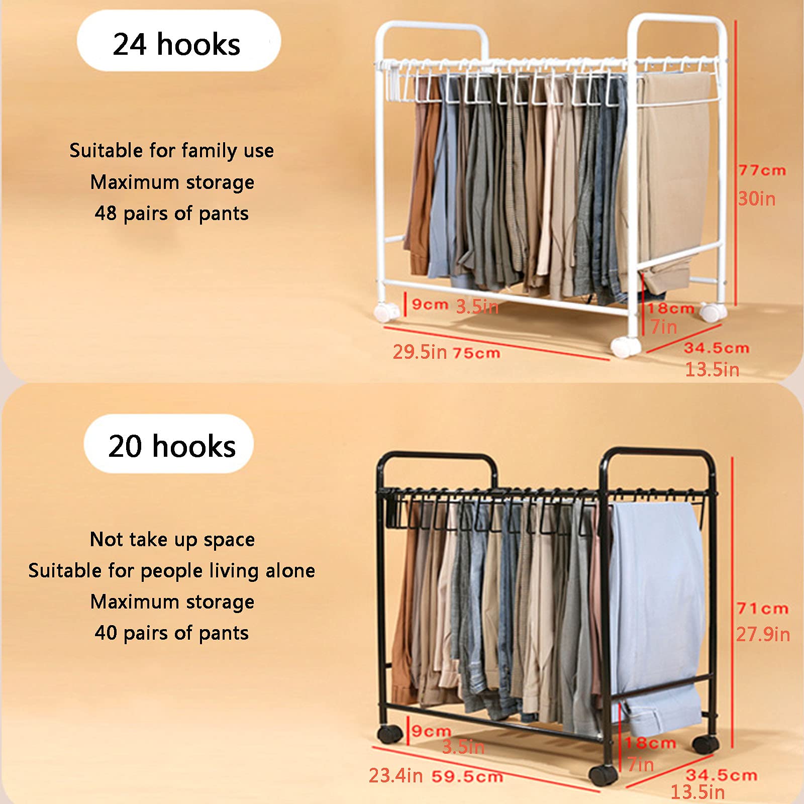 Portable Rolling Clothes Rack with Wheels - Adjustable Metal Garment Organizer for Pants, Jeans, Skirts & Scarves | Space-Saving Mobile Wardrobe Solution for Bedroom, Closet & Laundry Room Organization
