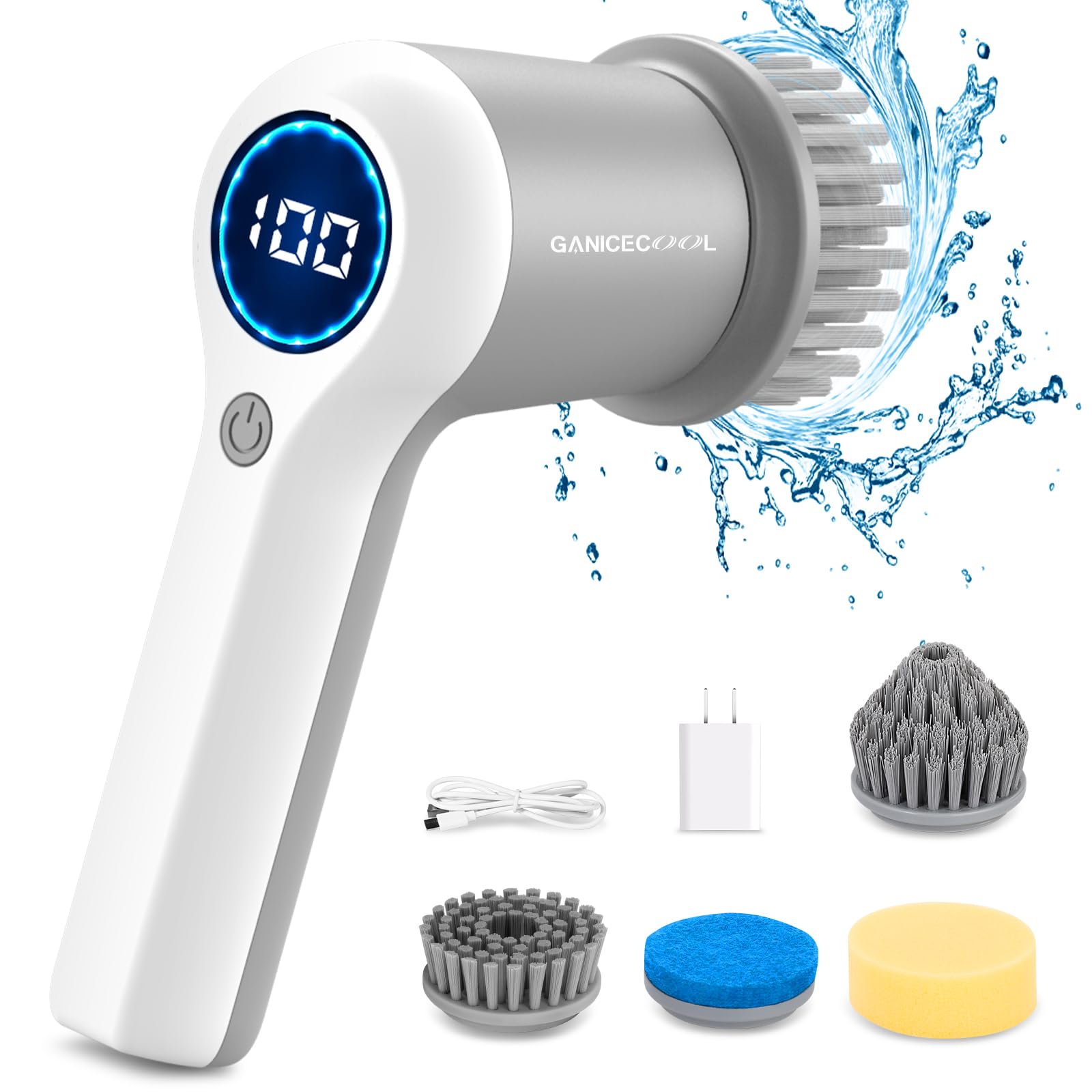 GANICECOOL Cordless Electric Spin Scrubber with 4 Replaceable Brush Heads - Rechargeable Shower Cleaner for Tub, Tile, Floor, Sink, Window & Stove - Bathroom & Kitchen Cleaning Tool (Gray)