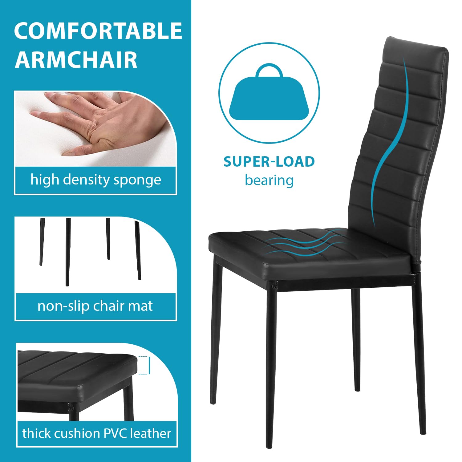 5-Piece Modern Black Glass Dining Table Set with 4 Chairs, Perfect for Family Dinners, Parties, and Everyday Kitchen Use