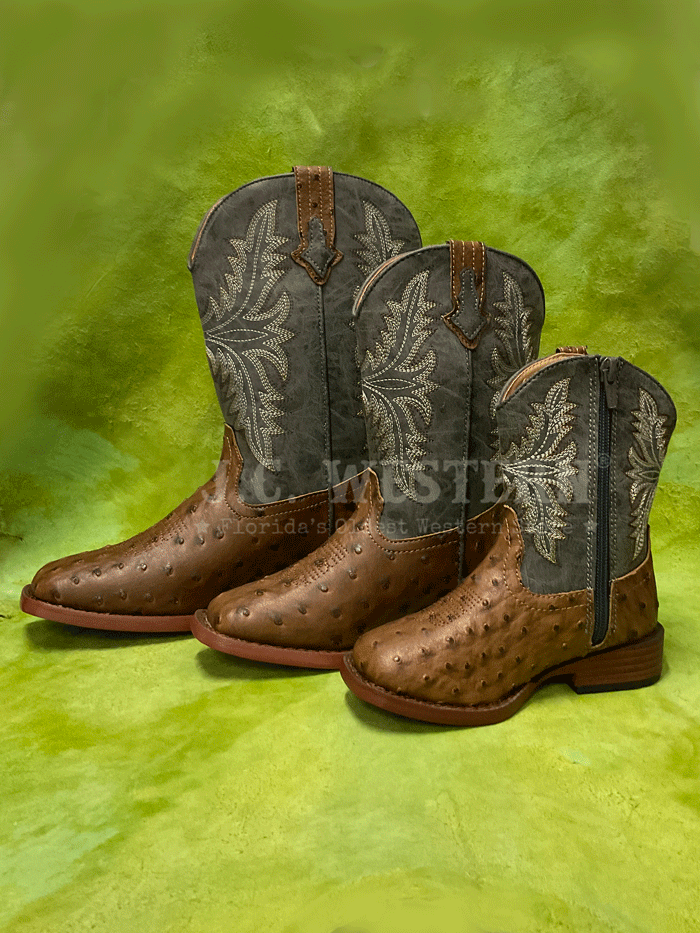 Roper 3378 Kids Faux Ostrich Western Boots for Boys & Girls - Navy & Brown Cowboy Boots - Perfect for Rodeo, Halloween Costume & Western Party Outfits