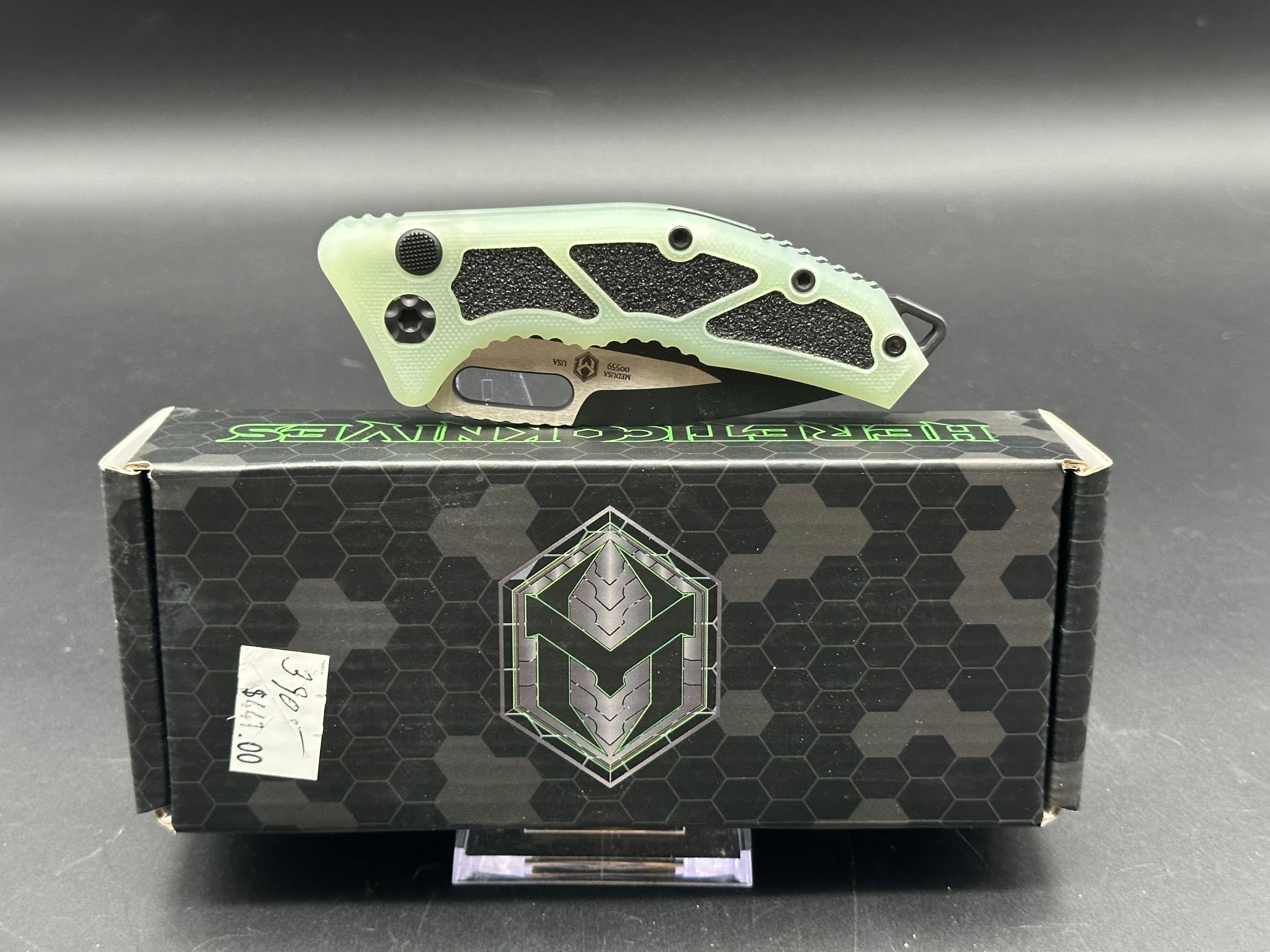 Heretic Knives Medusa Automatic Knife - Black Tanto Blade with Jade G10 Handle - Tactical EDC, Outdoor Survival & Everyday Carry Knife